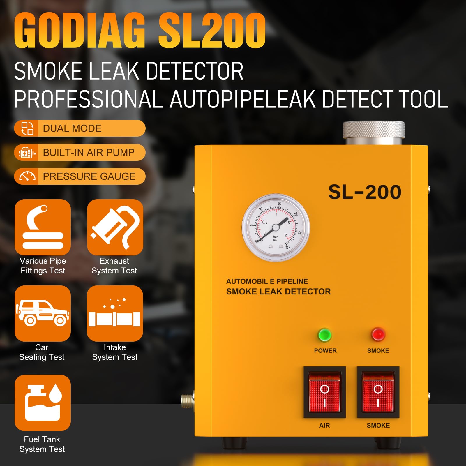 GODIAG SL200 Máquina de Humo Coche Maquina de Humo para Coche con Manómetro Detector Fugas Humo con Bomba de Aire Incorporada máquina Humo Coche para Coches 12V, ATVs, Motos, Motos de Nieve y Barcos