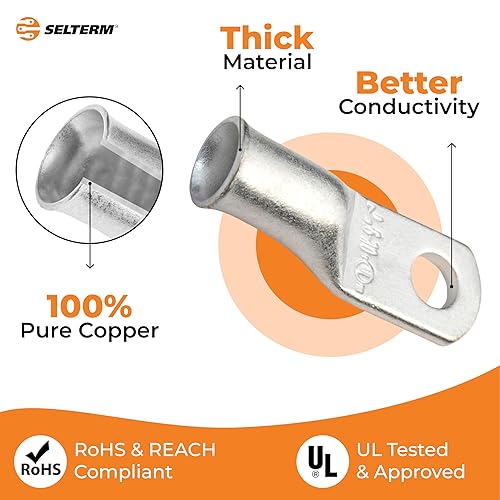 Miniatura 414 de SELTERM - Terminal en anillo de grado marino UL 2/0 AWG 3/8 pulgadas (25 uds) para batería, terminal tubular de cable eléctrico, conector calibre