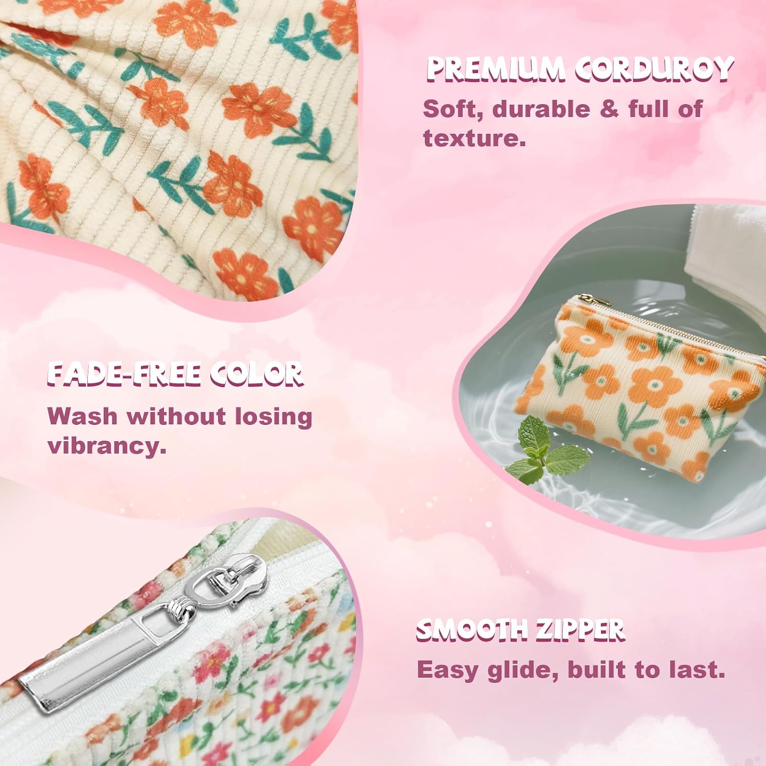peacoblue Simple Flowers Makeup Bag, Corduroy Pouches for Purse 4PCS image 4