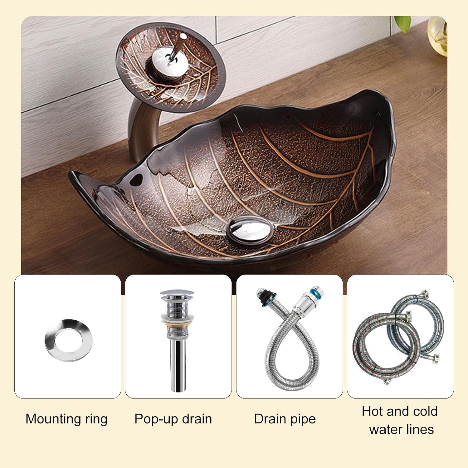 Leaf Shape Vessel Sink Set Tempered Glass Bathroom Bowl + Waterfall Faucet & Drainage System, Anti-Scratch Surface for Durability,Brown