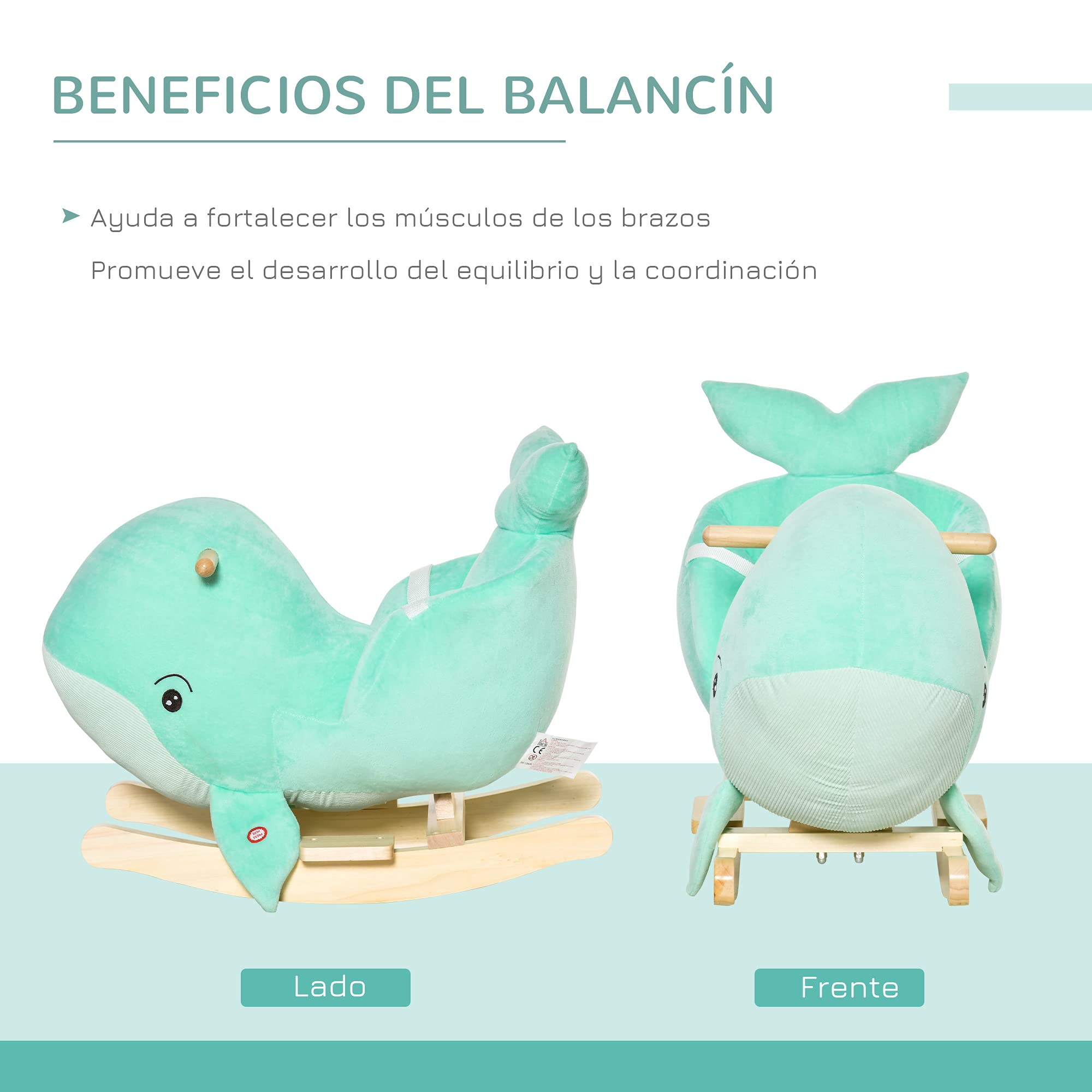 HOMCOM Caballito Balancín Forma Ballena para Niños de 18-36 Meses Mecedora de Felpa con Sonidos Cinturón de Seguridad y Reposapiés 60x33x50 cm Turquesa