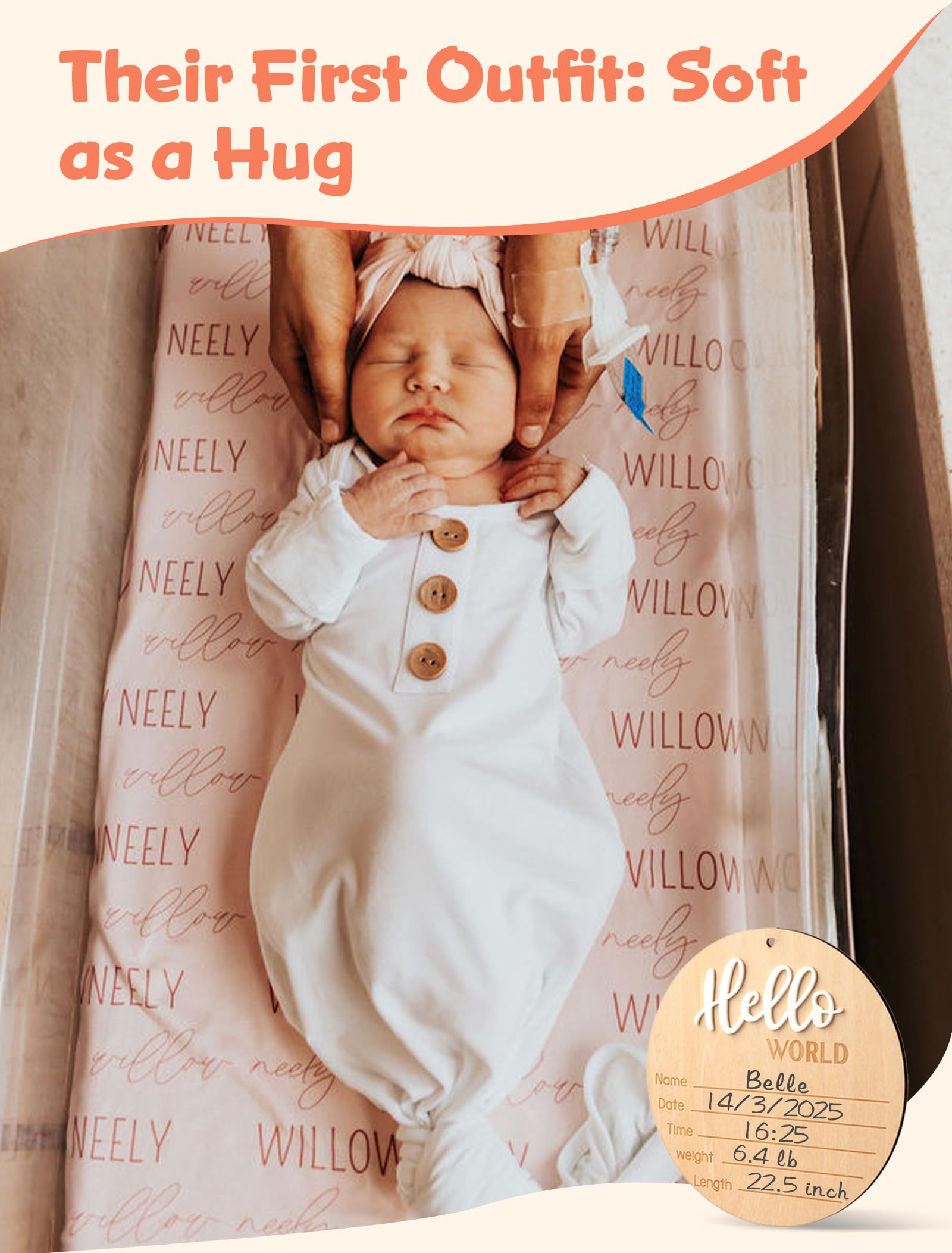 Baby Knotted Gown 3 Packs, Breathable Pajamas Going Home Outfit Clothes Newborn Girl Boy, Infant Announcement Nightgown 0-3 Months Set with Mittens, Hats, Headbands & Wooden Name Sign