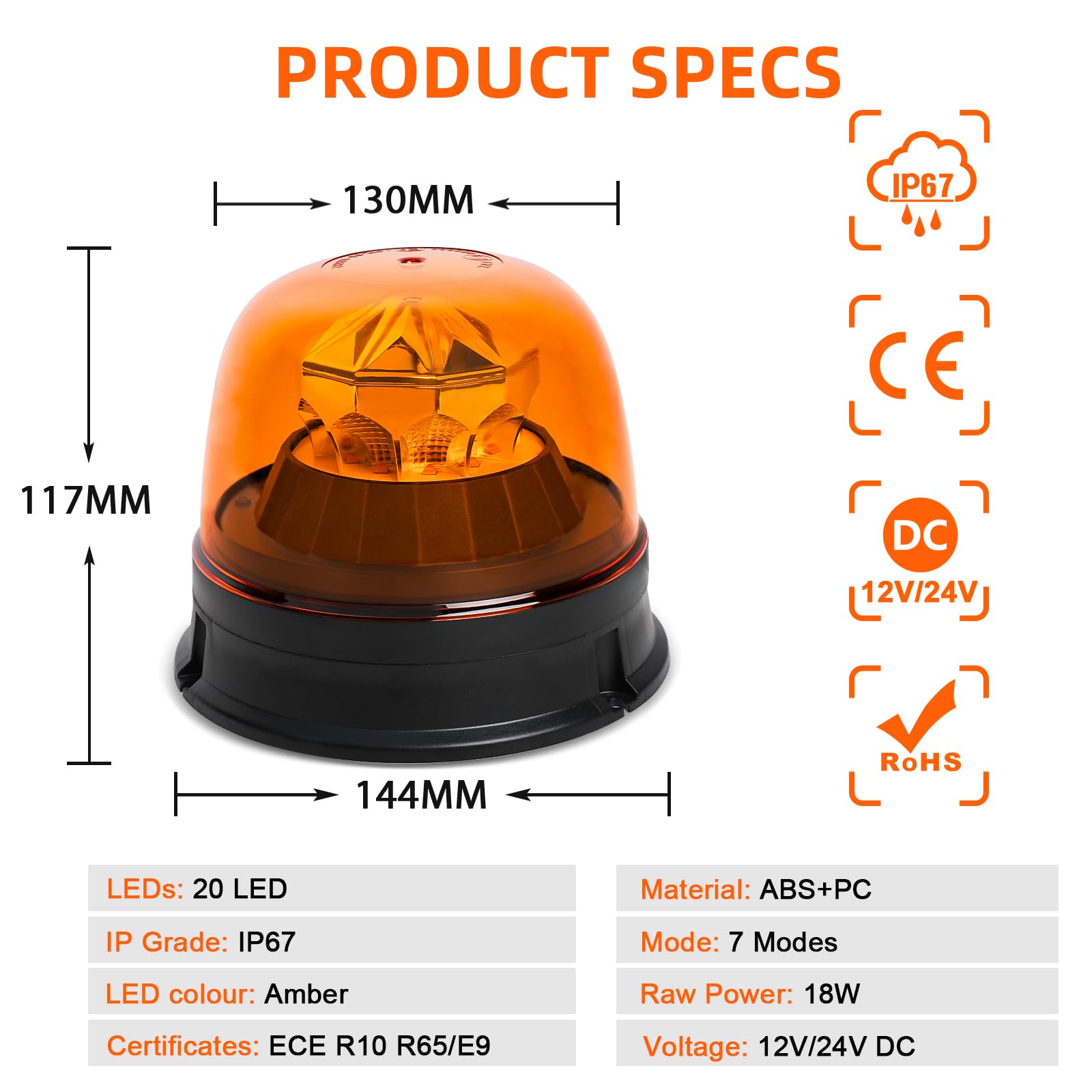 LED Rundumleuchte Blitzleuchte 7 Modus, 12V/24V Gelb Rundumleuchte LED Warnleuchte mit Schraubenmontage, E9 Mark & Wasserdicht IP67, Warnlicht für Traktor Auto LKW Golfwagen