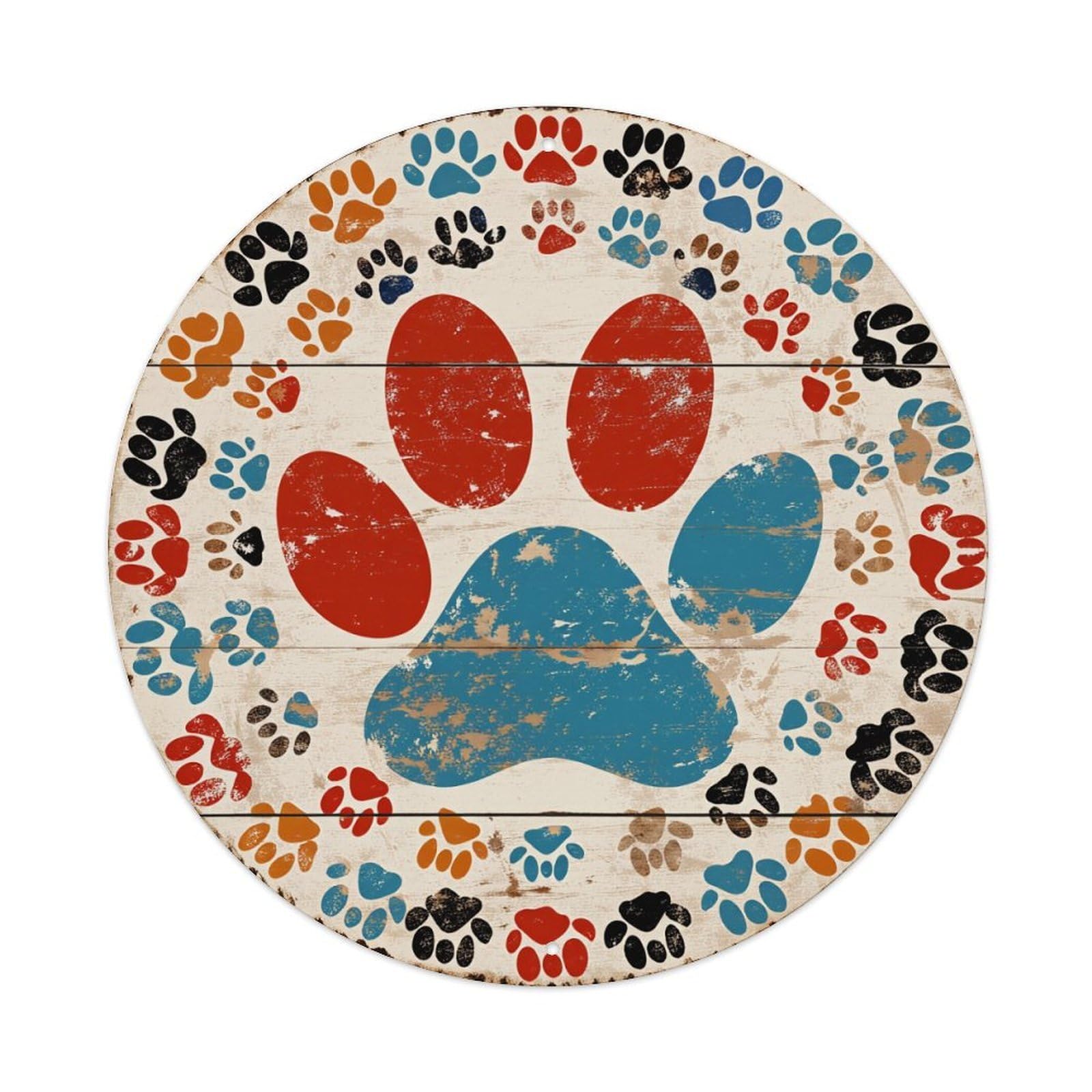 Colorful Paw Prints On Wood Round Tin Sign Retro Metal Sign for Cafe Bar Pub Home Game Room Gym Club Wall Decoration Vintage Metal Poster 8x8 Inch