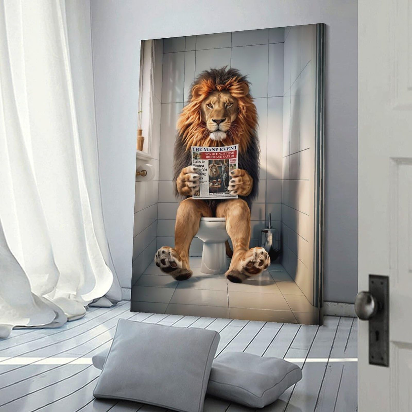 Junmoney Frame-Style-12 Lion In The Bathroom Decorative Wall Artwork 24X36inch(60X90cm), For Corridors, Hallways Or Apartment Entries, Home Artwork For First Impressions