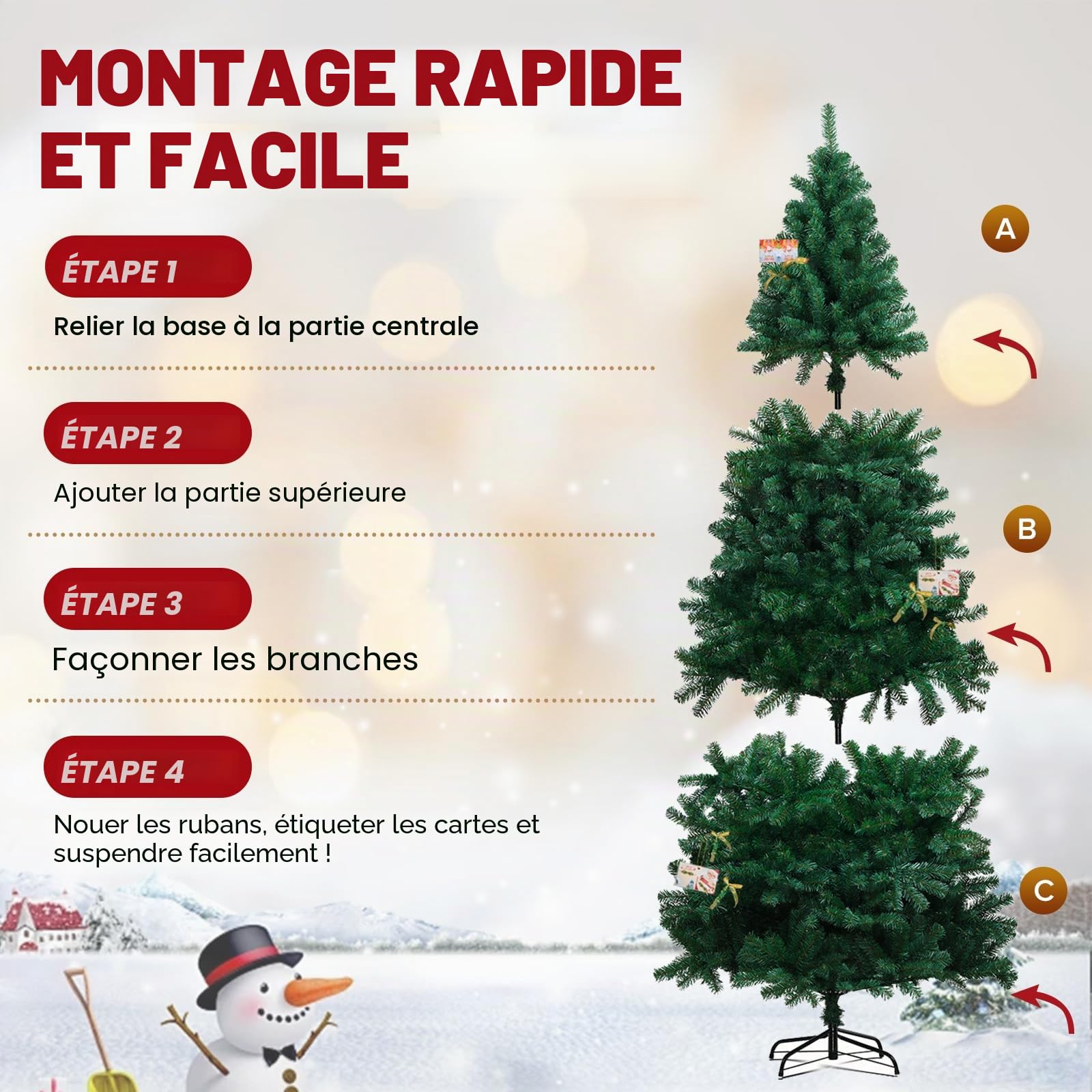 Sapin de Noël artificiel - Décoration de Noël - 195 cm - En PVC - Avec plus de 1000 branches épaisses - Avec nœuds décoratifs et cartes de vœux - Support en métal stable