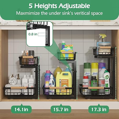 Miniatura 3 de ADRIMER Organizador para debajo del fregadero, 2 paquetes, organizador extraíble para fregadero de cocina, 2 niveles, organizador de cocina