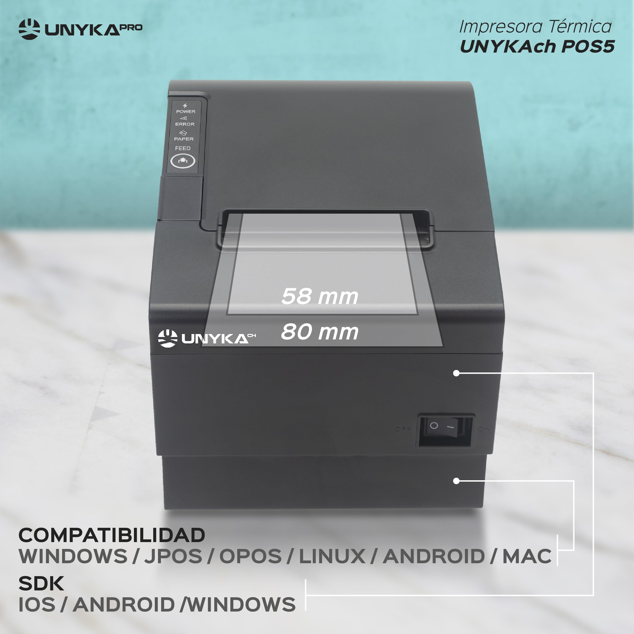 Unykach Impresora Térmica de Tickets POS5 con Corte Automático, USB, RJ12, RJ11, LAN, Compatible Windows, JPOS, OPOS, Linux, Android, Mac