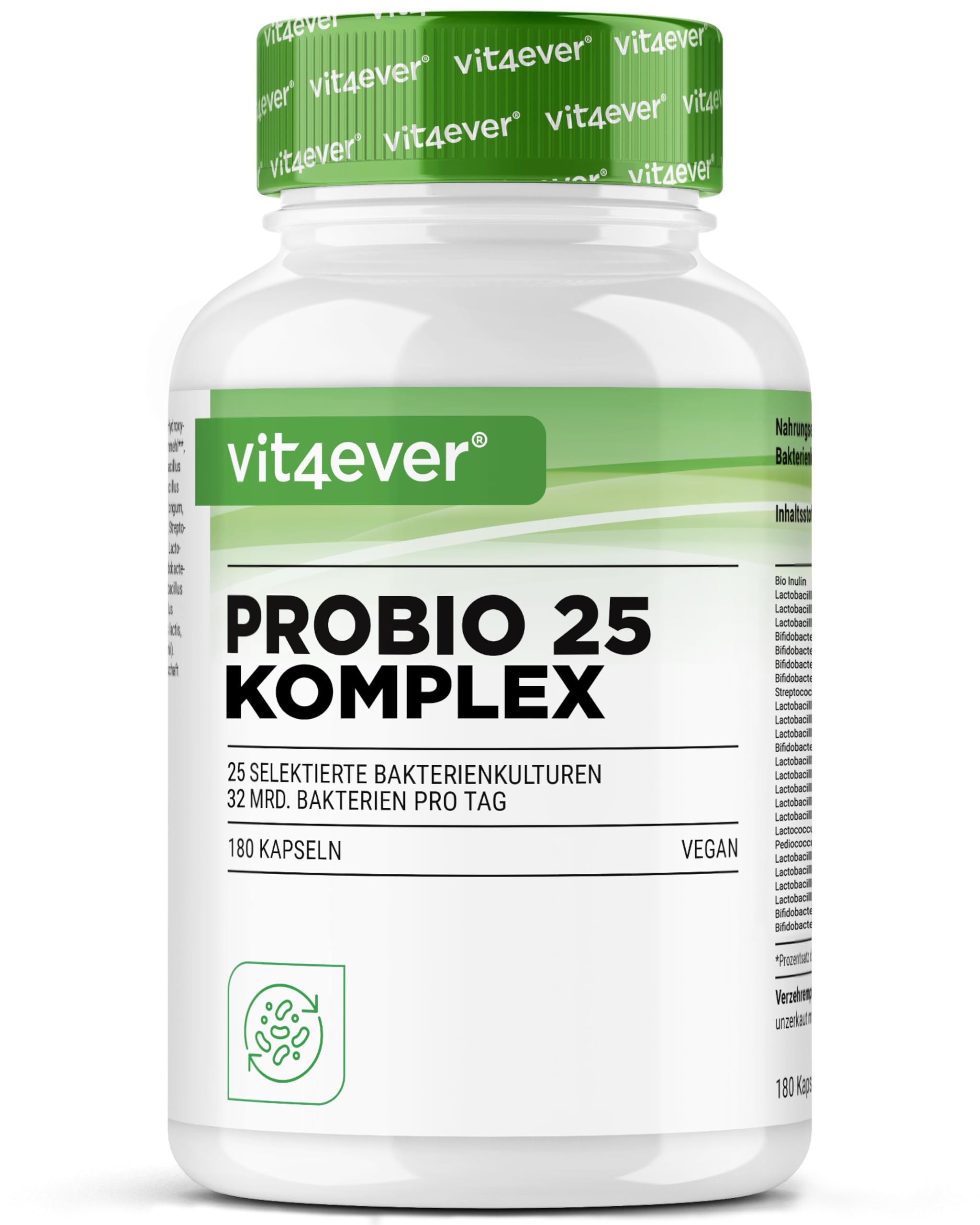 Vit4ever Probio 25 Probiotika Komplex - 25 Bakterienstämme & 32 Mrd. KBE pro Tagesdosis - Mit Inulin als Präbiotikum - Magensaftresistent - 180 vegane Kapseln - 3 Monatsvorrat