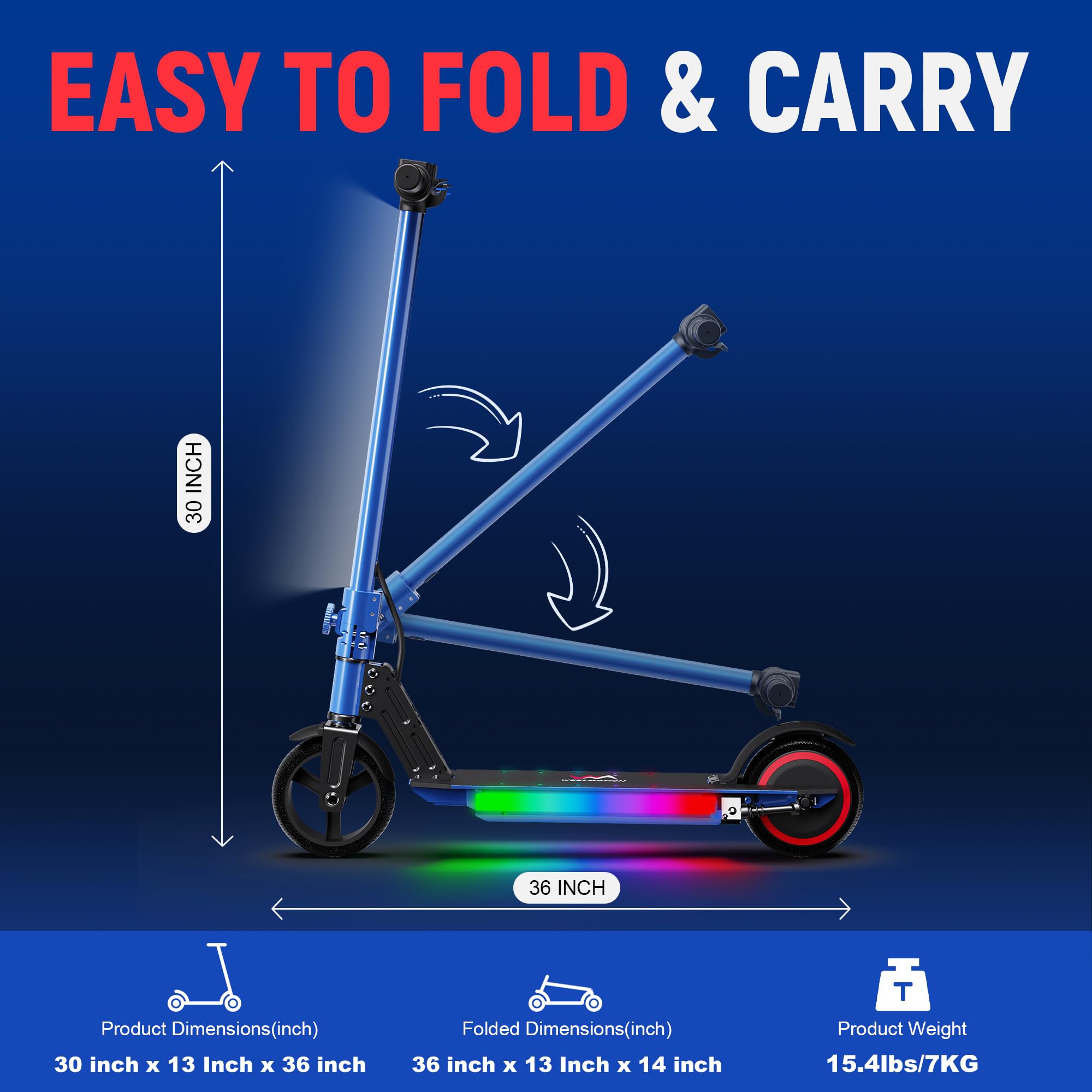 Patinete eléctrico plegable para niños, con luces principales, luces de barra frontal brillantes, luces brillantes en el pedal, pantalla LED, motor de doble freno de 150 W, scooter 6