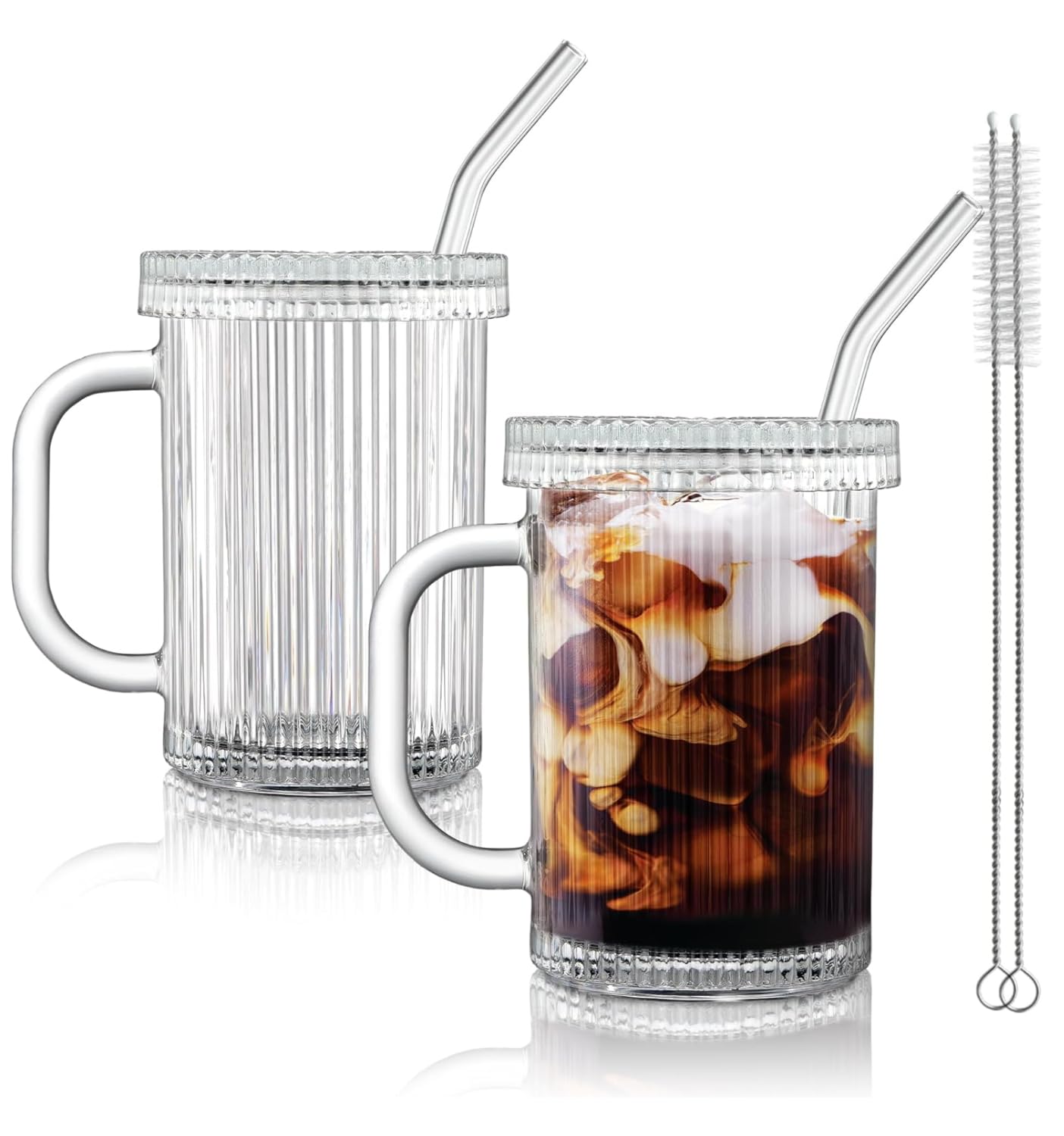 Joeyan 390ml Vasos de cristal transparente con ondulaciones, con pajilla y tapa de cristal y asa,set de 2,Ideales para agua, café frío, bebidas, té. Vasos de agua para el hogar, la cocina y la oficina