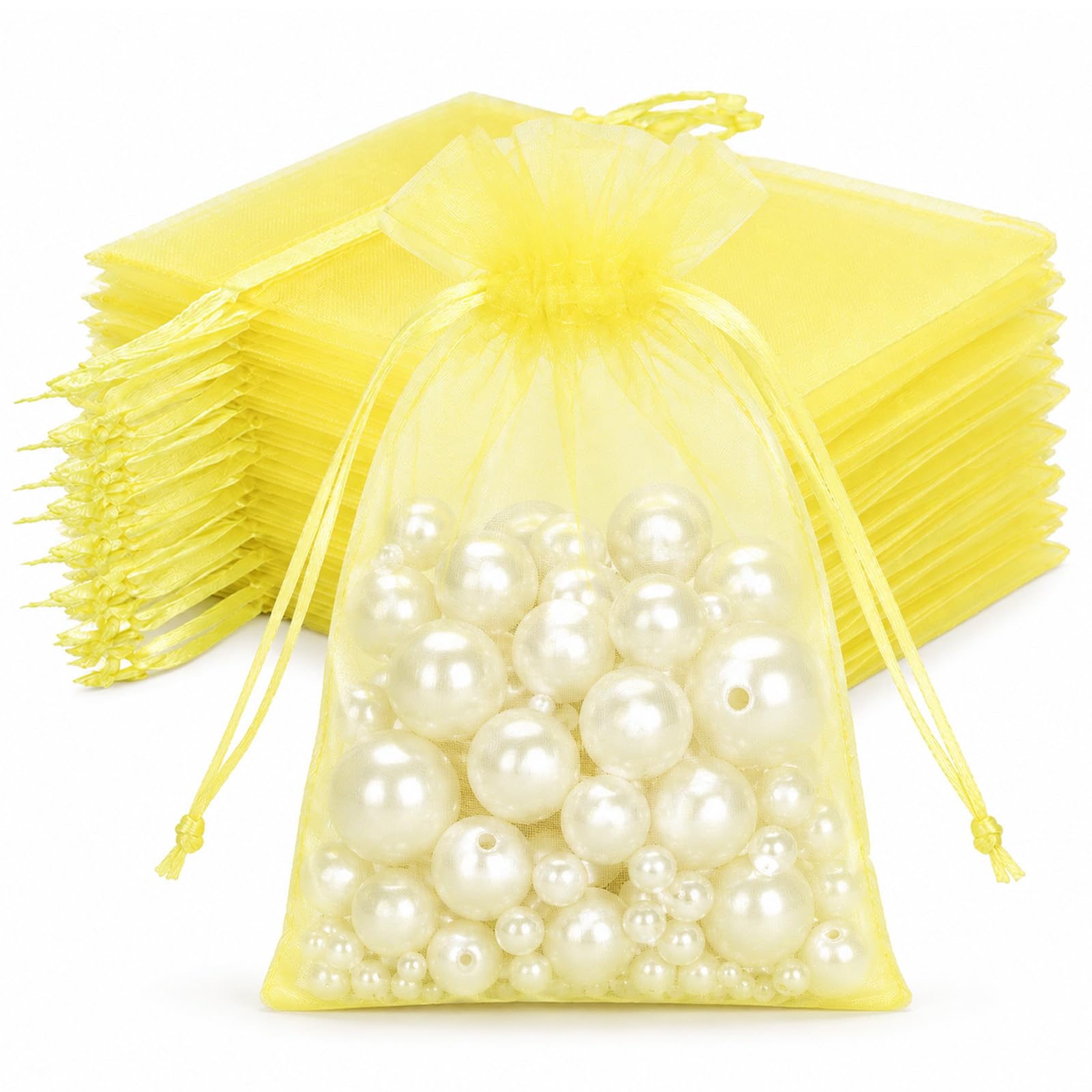 joycraft 50Pcs Lemon Yellow Organza Bags - 4x6 In Jewelry Drawstring Mesh Pouch, Sheer Organza Gift Wrapping Bags for Birthday, Baby Shower, Wedding, Graduation
