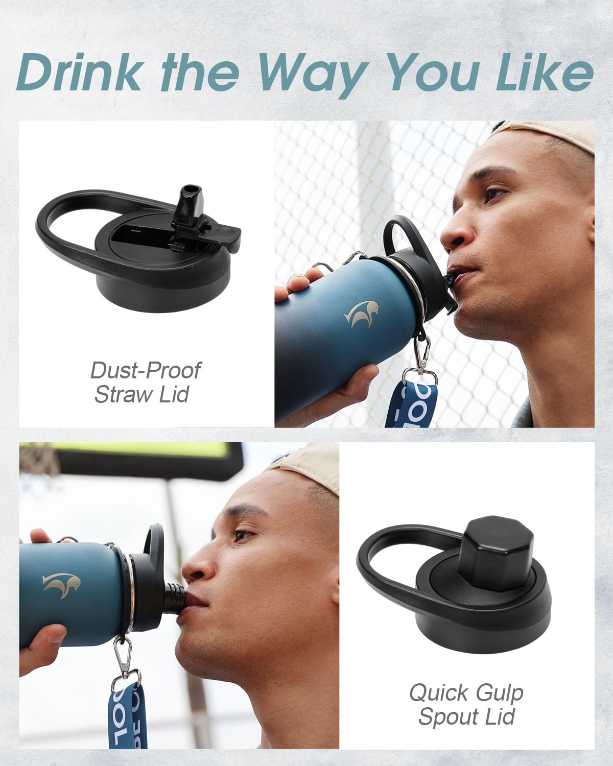Coolflask Bouteille d'eau isotherme de 1183 ml avec sangle, carafe à eau en acier inoxydable avec paille et bouchon verseur, grande bouteille d'eau en métal, anti-fuite et sans BPA, noir indigo