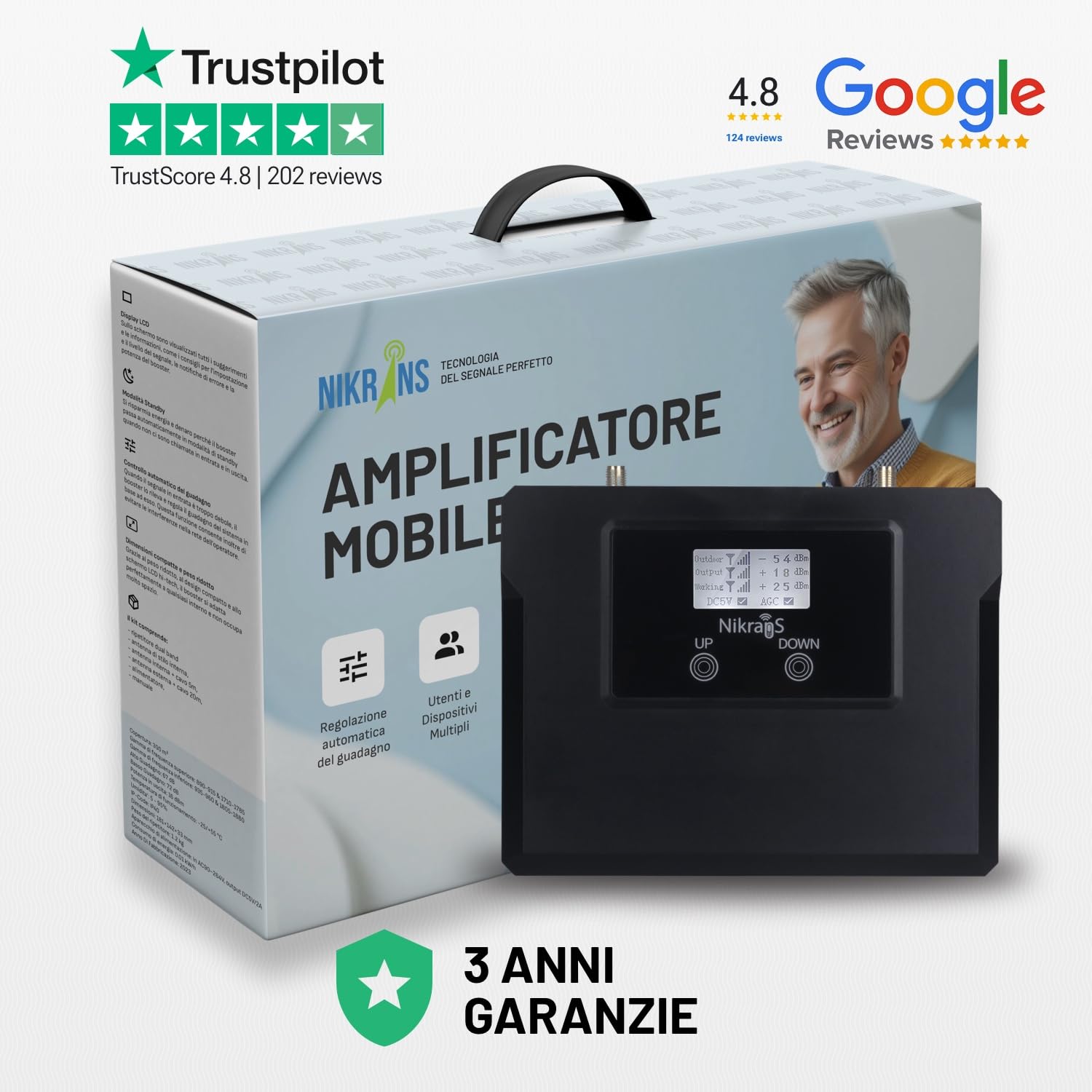 Ripetitore Segnale Cellulare 4G LTE GSM 2G 3G - Banda 3/8 (900/1800Mhz) - Supporta TIM Vodafone Wind Tre - Doppia Banda Amplificatore Cellulare - Certificato CE RoHS