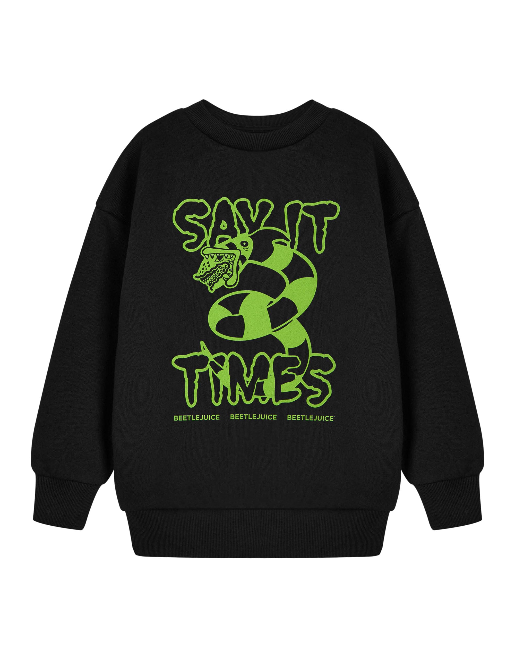 Vanilla Underground Beetlejuice Unisex Kids Black Sweatshirt | Say It Three Times Graphic Sweater for Children | Classic Beetlejuice Movie Apparel | Halloween Costume Top for Boys & Girls