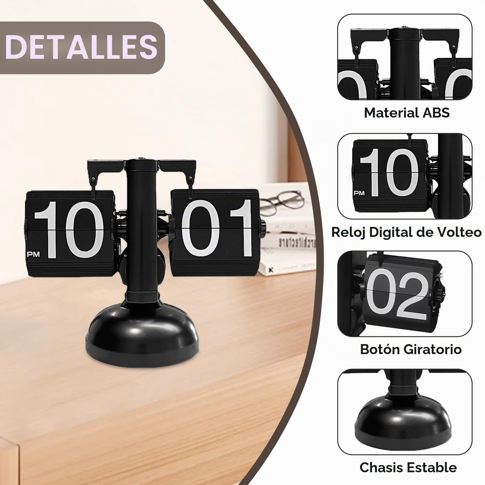 Cyrank Reloj Abatible Retro Mecánico Digital Moderno con Engranaje Interno Operado, Reloj Abatible Digital Retro Reloj De Escritorio Mecánico Silencioso Y Preciso Reloj para Mesita De Noche(Negro)