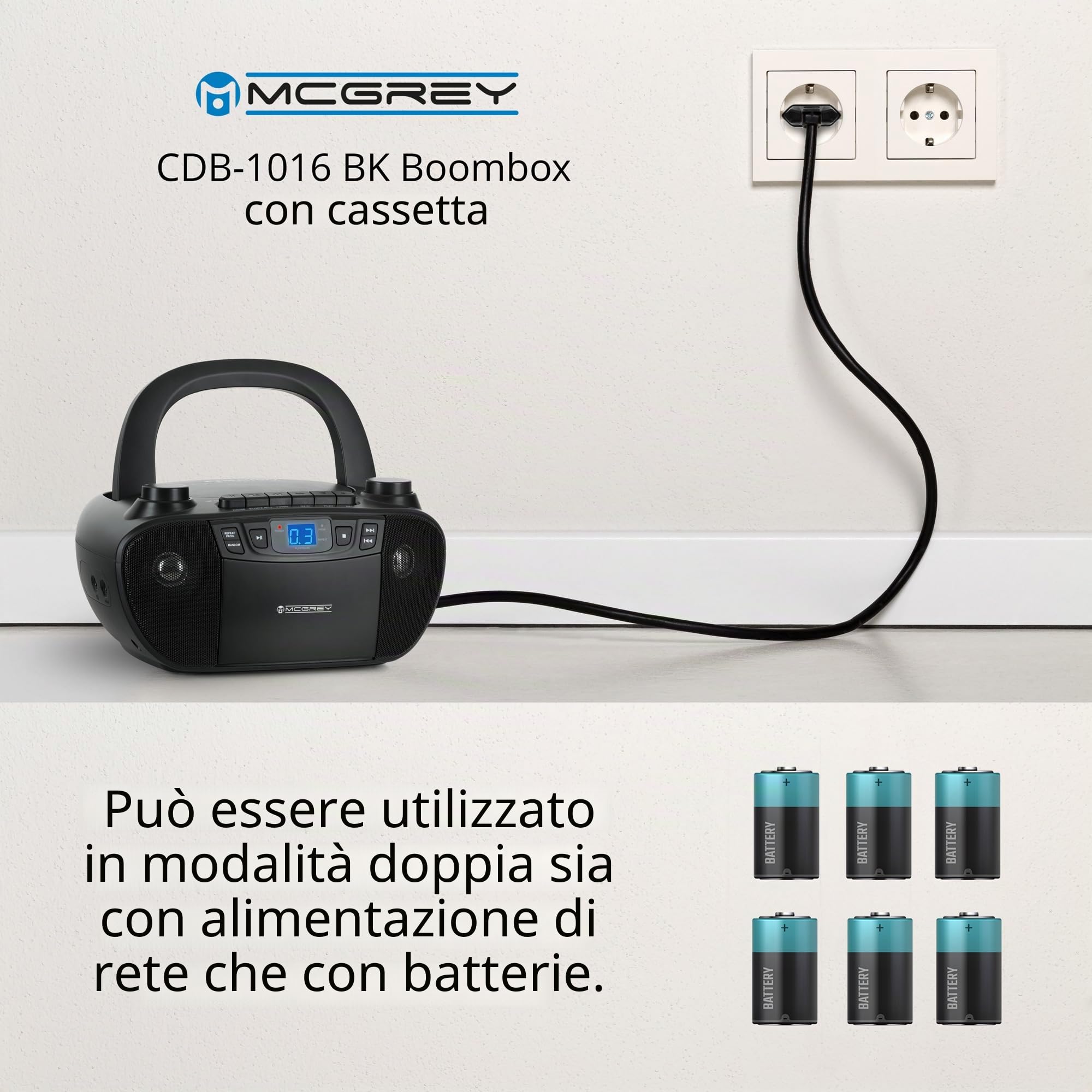 CDB-1016 BK Boombox con cassetta, lettore CD, radio portatile, registratore con ingresso AUX e uscita cuffie - Funzionamento tramite cavo o 6 batterie