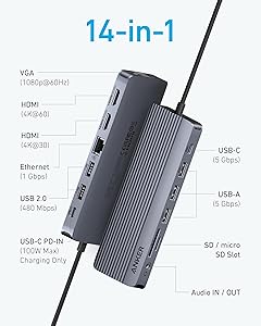 Anker Laptop Docking Station, 14 in 1 USB C Hub, Triple Display with 2 x 4K HDMI, 1080p VGA, 80W Power Delivery, 5Gbps USB-A/C Data Ports for Dell XPS and More (Charger not Included)
