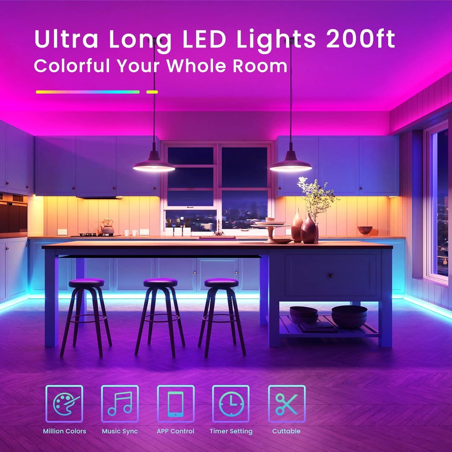 TJOY - Tira de luces LED Bluetooth de 200 pies, iluminación de tira larga, sincronización de música, luces LED RGB que cambian de color para recámara con control remoto, control de aplicación de