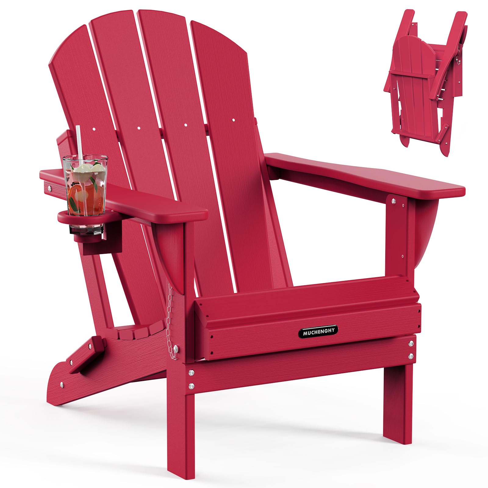 muchenghy folding adirondack chairs, patio chairs, lawn chairs, outdoor chairs, adirondack chair plastic, fire pit chairs, weather resistant with cup holder for deck, backyard, garden(red)