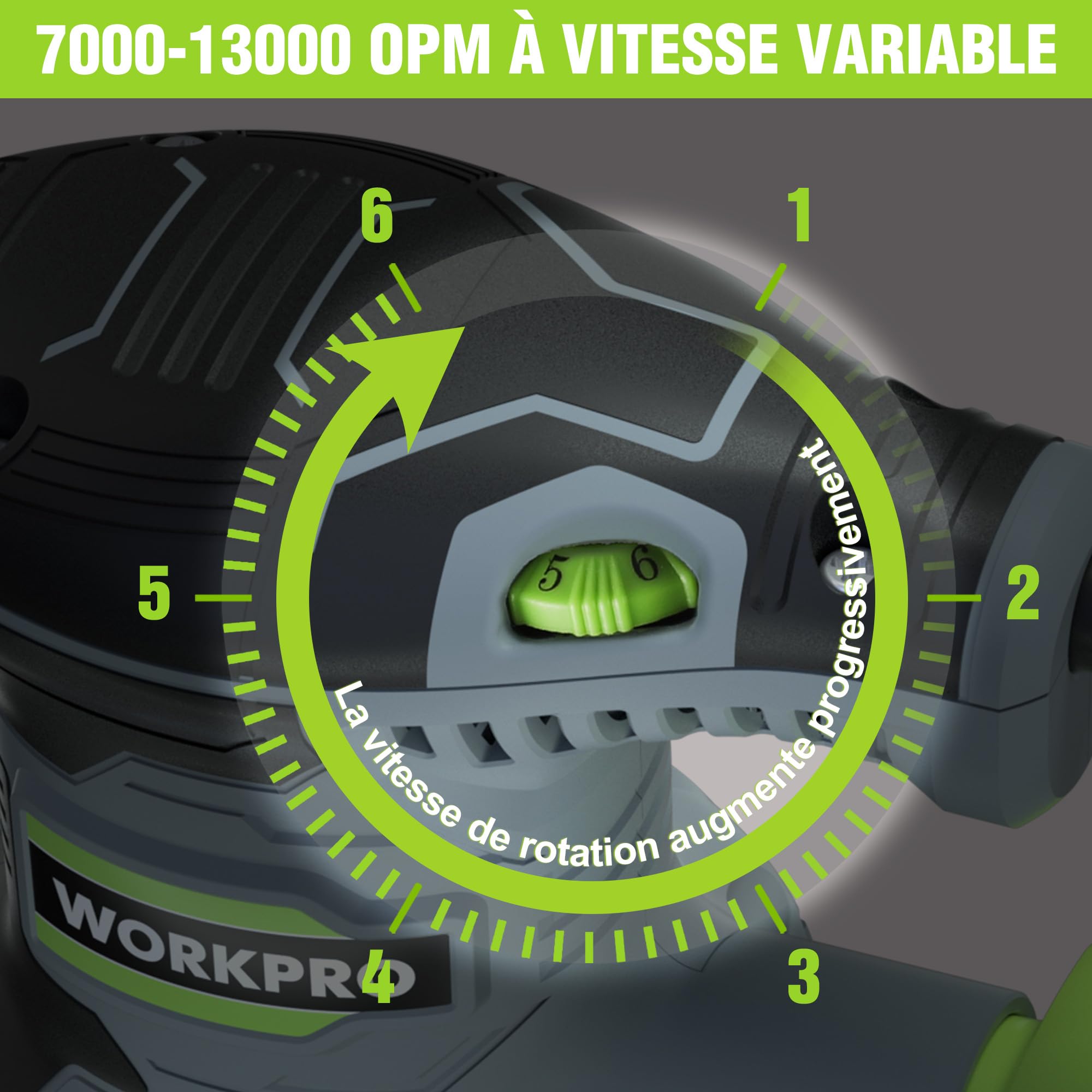 WORKPRO Ponceuse Excentrique 125mm, Ponceuse Rotative à Vitesse Réglable(Vitesse à vide: 7000-13000 tr/min), Ponceuse Orbitale Filaire 300W avec Récipient à Poussière et Disque de Ponçage 20 Pièces