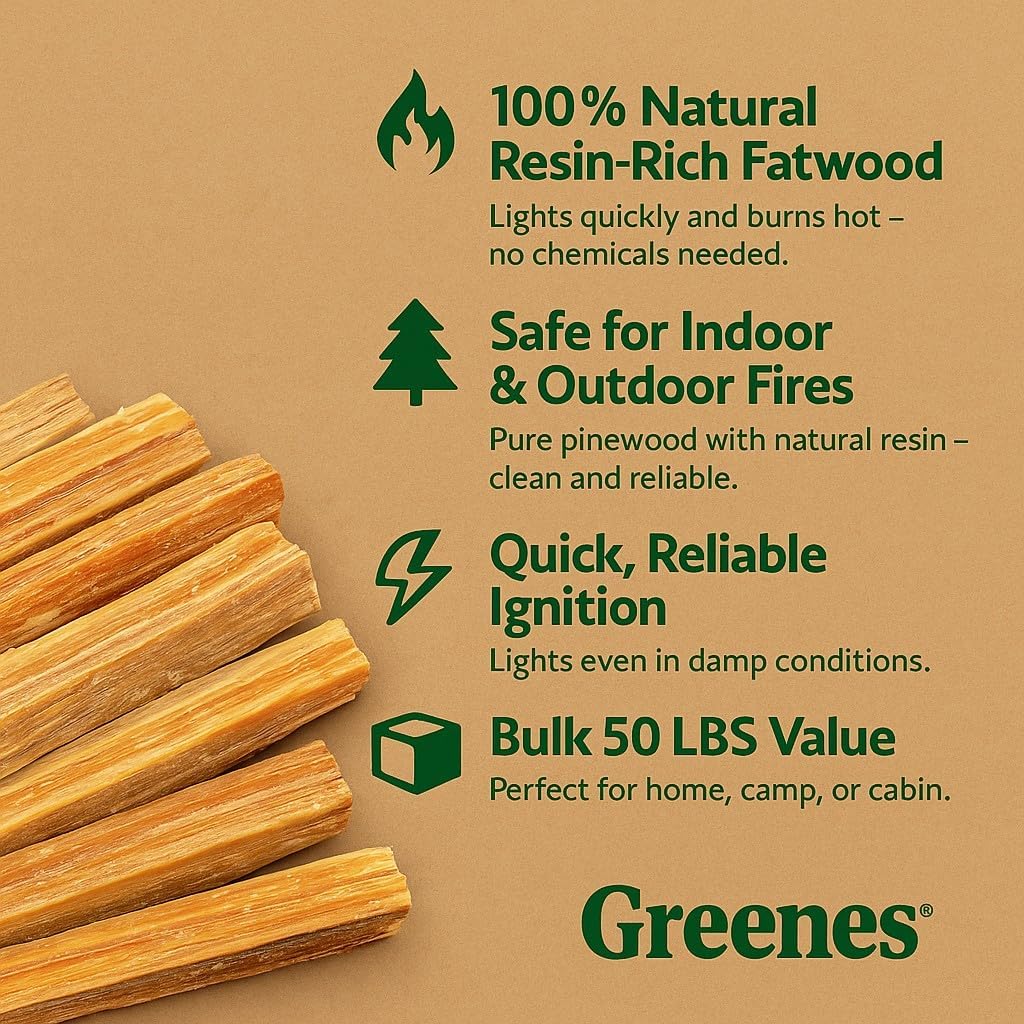Greenes Fence Fatwood Fire Starter – 50 lb Box – 100% Natural Resin Pine Kindling – Chemical-Free All-Weather for Fireplaces, Campfires, Wood Stoves & Grills