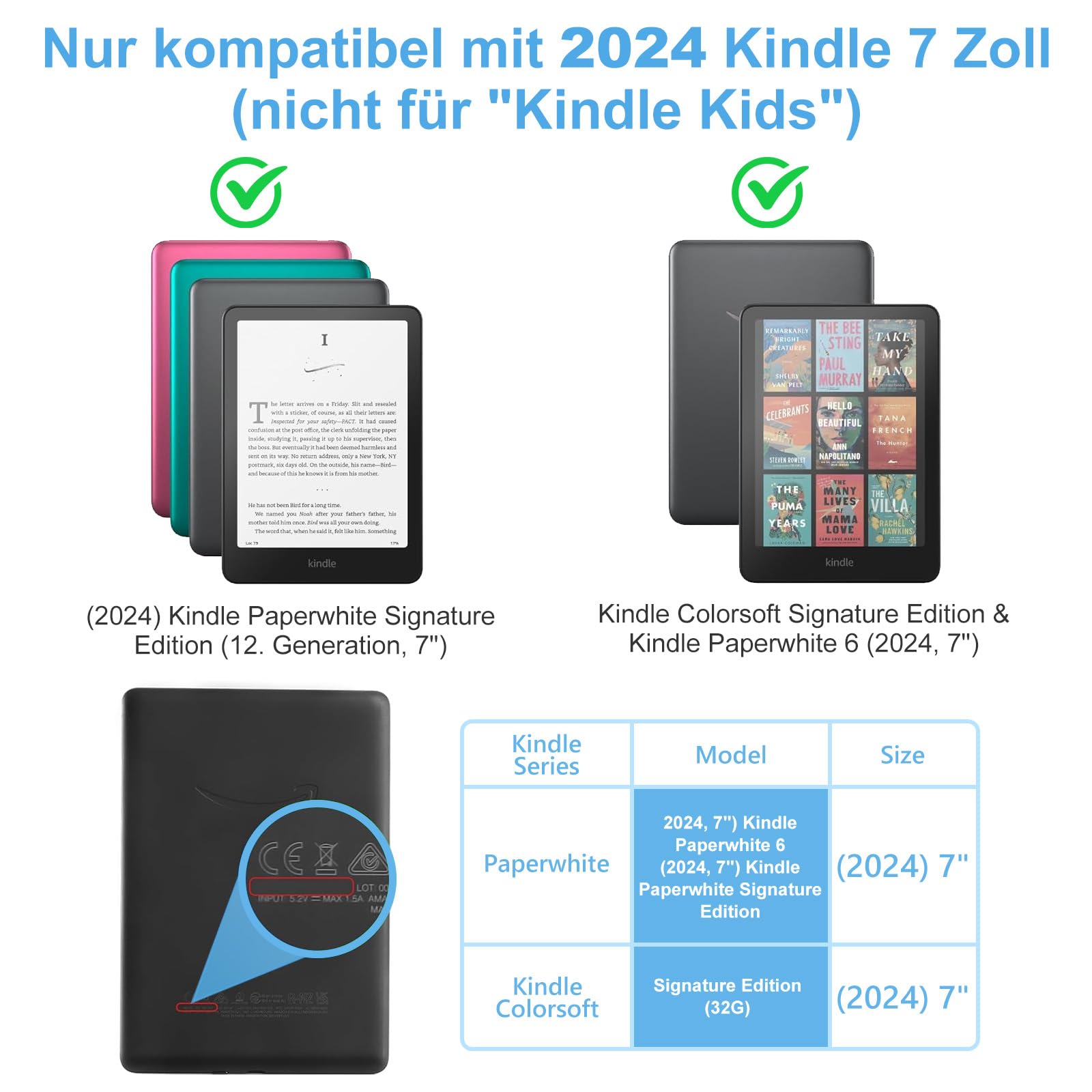 Custodia in pelle PU per Kindle Paperwhite 2024 (12° generazione) con scomparto carte di credito, blu