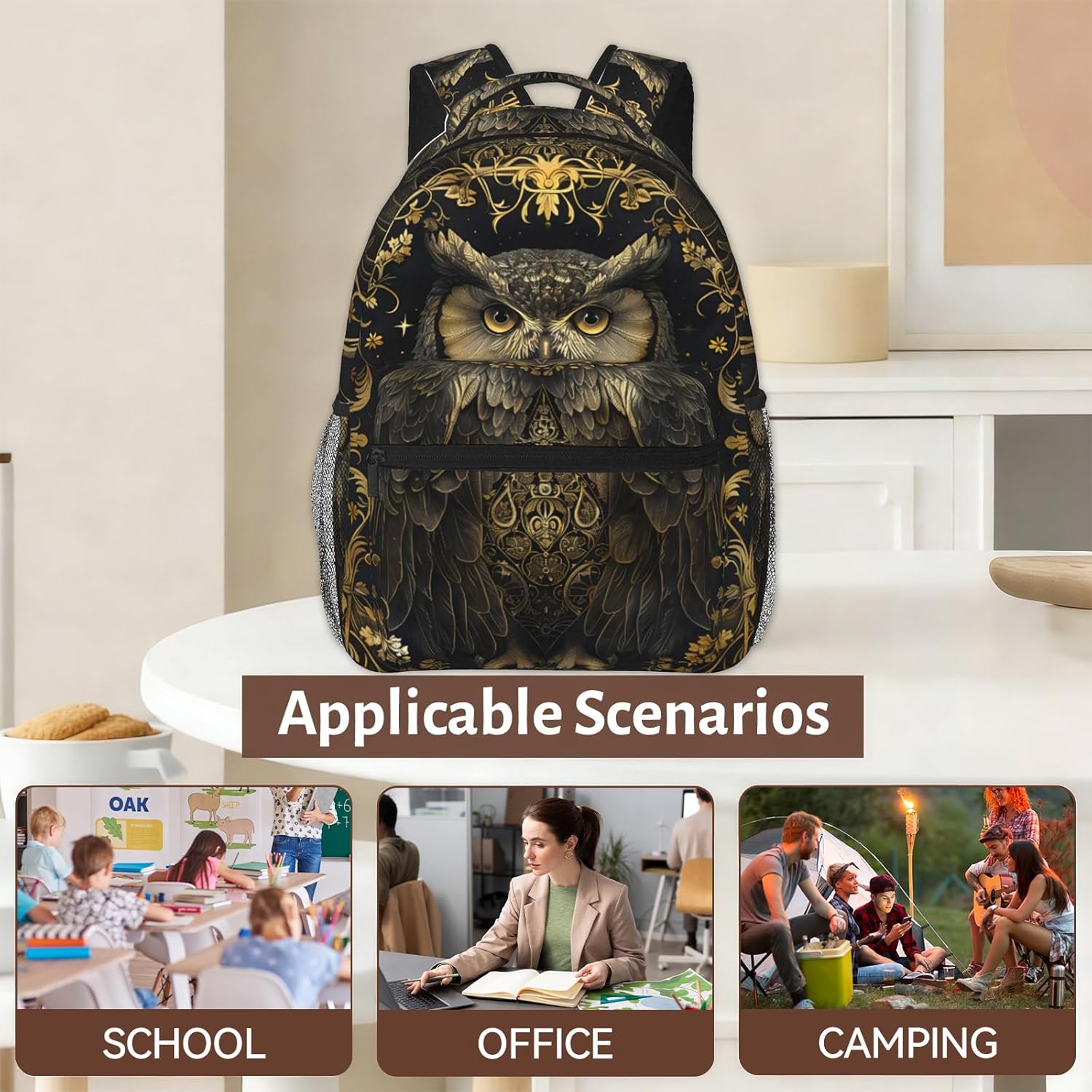 Retro Owl Backpack, Lightweight Polyester Travel Work School Camping Daypack, Vintage Mystical Back Pack, Elegant Wildlife Backpacks, Book Packs Gifts for Women Kids Girls, 11.4×5.9×15.7 Inch
