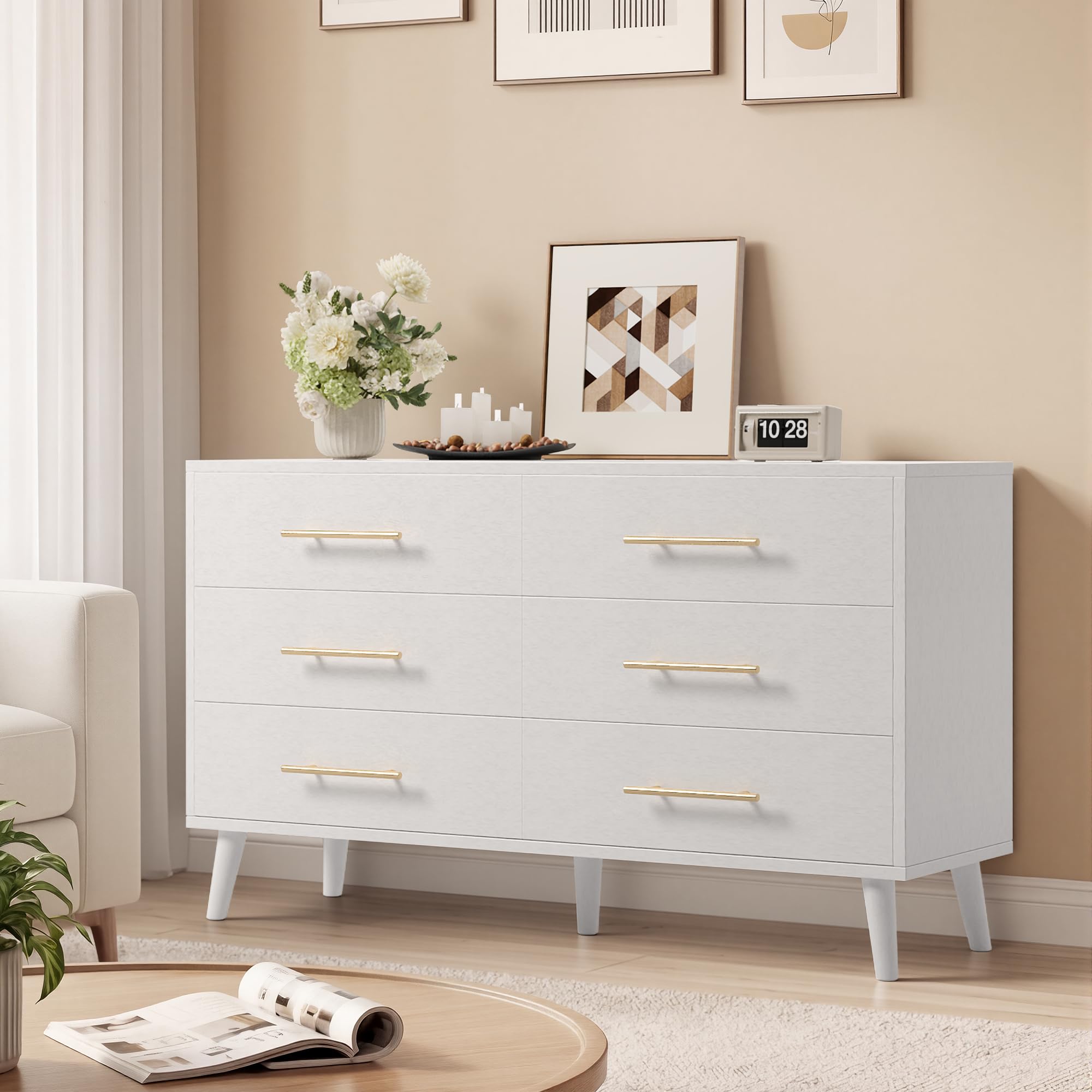 Ahomly 6 Drawer Dresser for Bedroom, 47.5" Wide Chest of Drawers with Metal Handles and Anti-Tip Kit, Large Capacity Storage Dresser for Living Room,