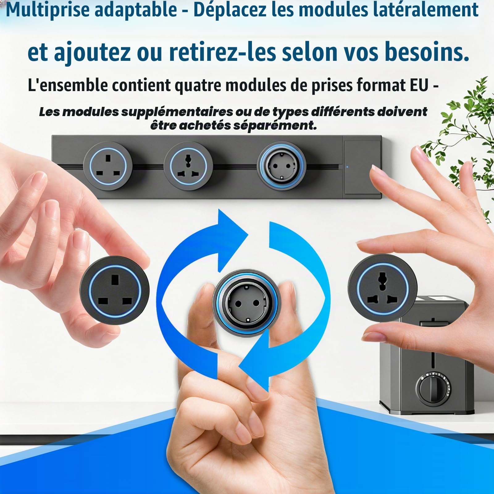 Rail Électrique Apparent 50 cm, avec 4 Prises EU – Modules Déplaçables, Alimentation Rotative Marche/Arrêt, Installation Facile sans Encastrement Mural, Idéal pour Cuisine, Salon Et Chambre