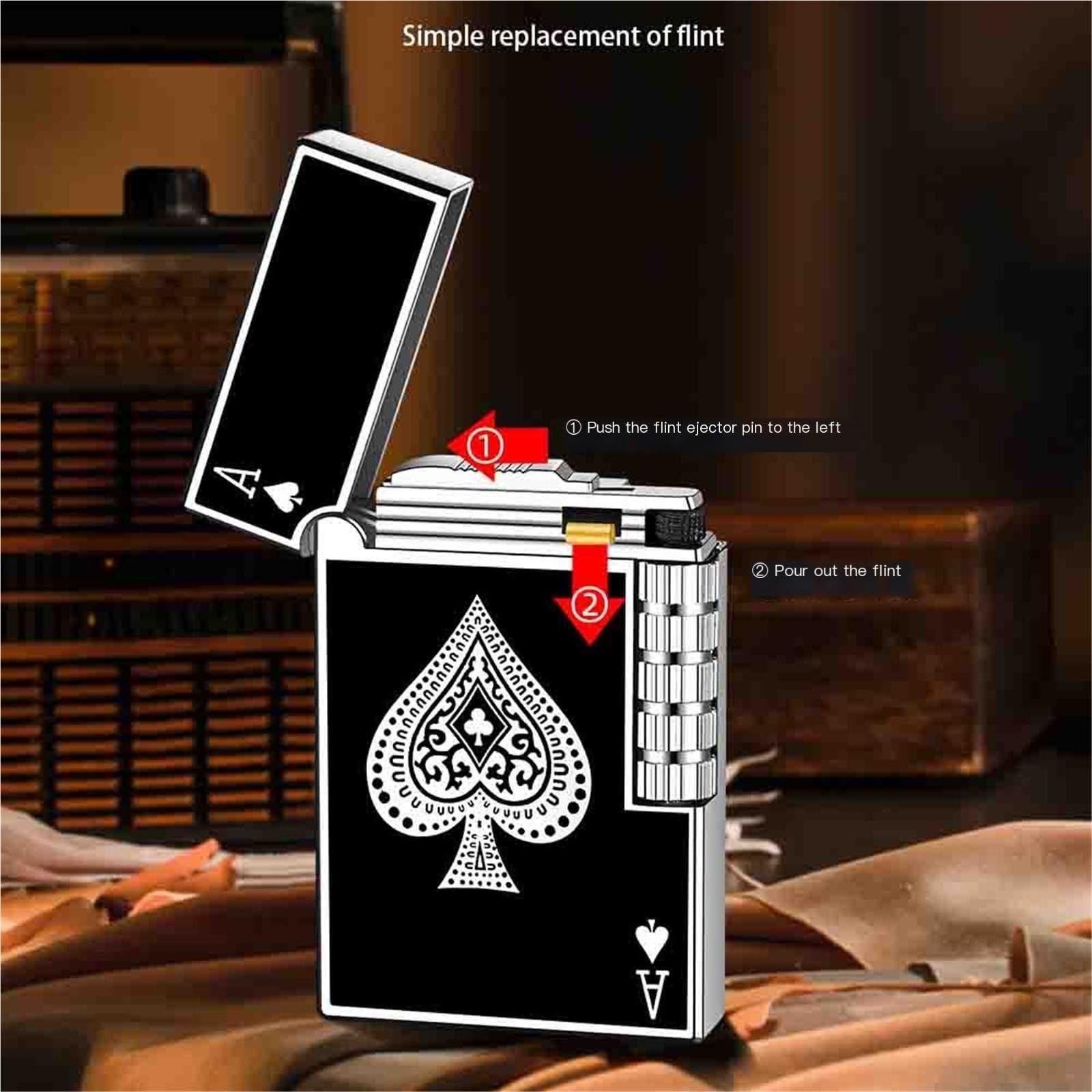 Mechero retro de metal abatible, diseño de llama en ángulo, rueda de molienda lateral de acero, relleno de gas para camping y uso de velas