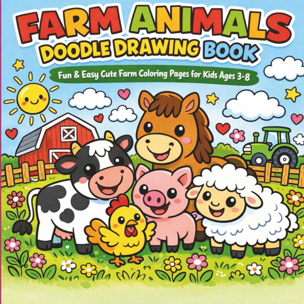 Farm Animal Doodle Drawing Book for Kids Ages 3–8: Fun & Easy Farm Animal Coloring Pages with Cute Cow, Pig, Chicken, Horse & Barnyard Doodles for Boys and Girls