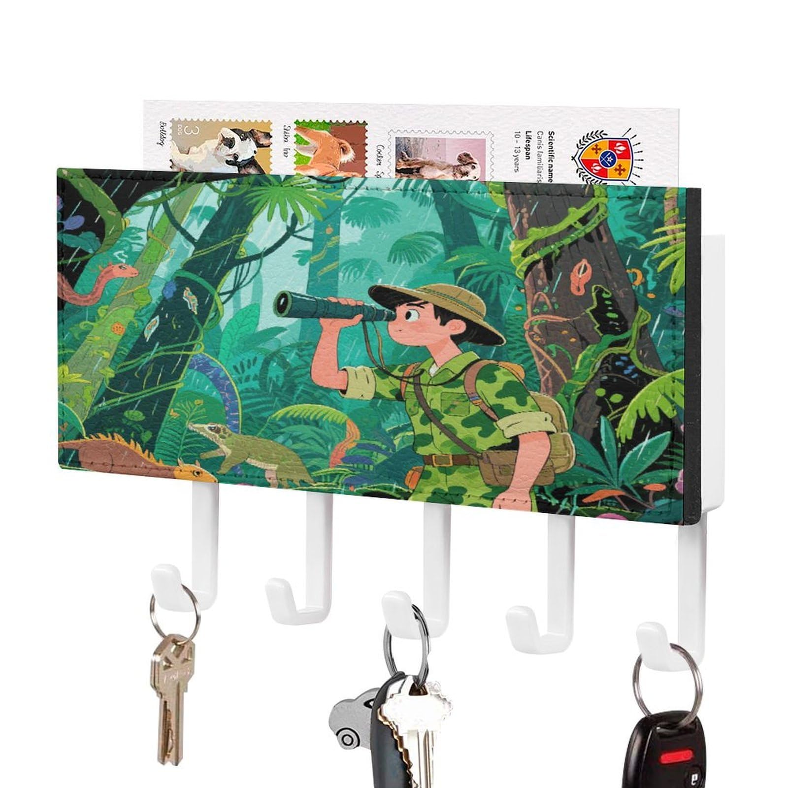 Fekiloot White-Style Tropical Rainforest Key Holder For Wall Decorative Mail Organizer With 5 Key Hook Self Adhesive Key Rack With Tray Coat Rack Wall Mount Key Hanger Decor For Entryway Door