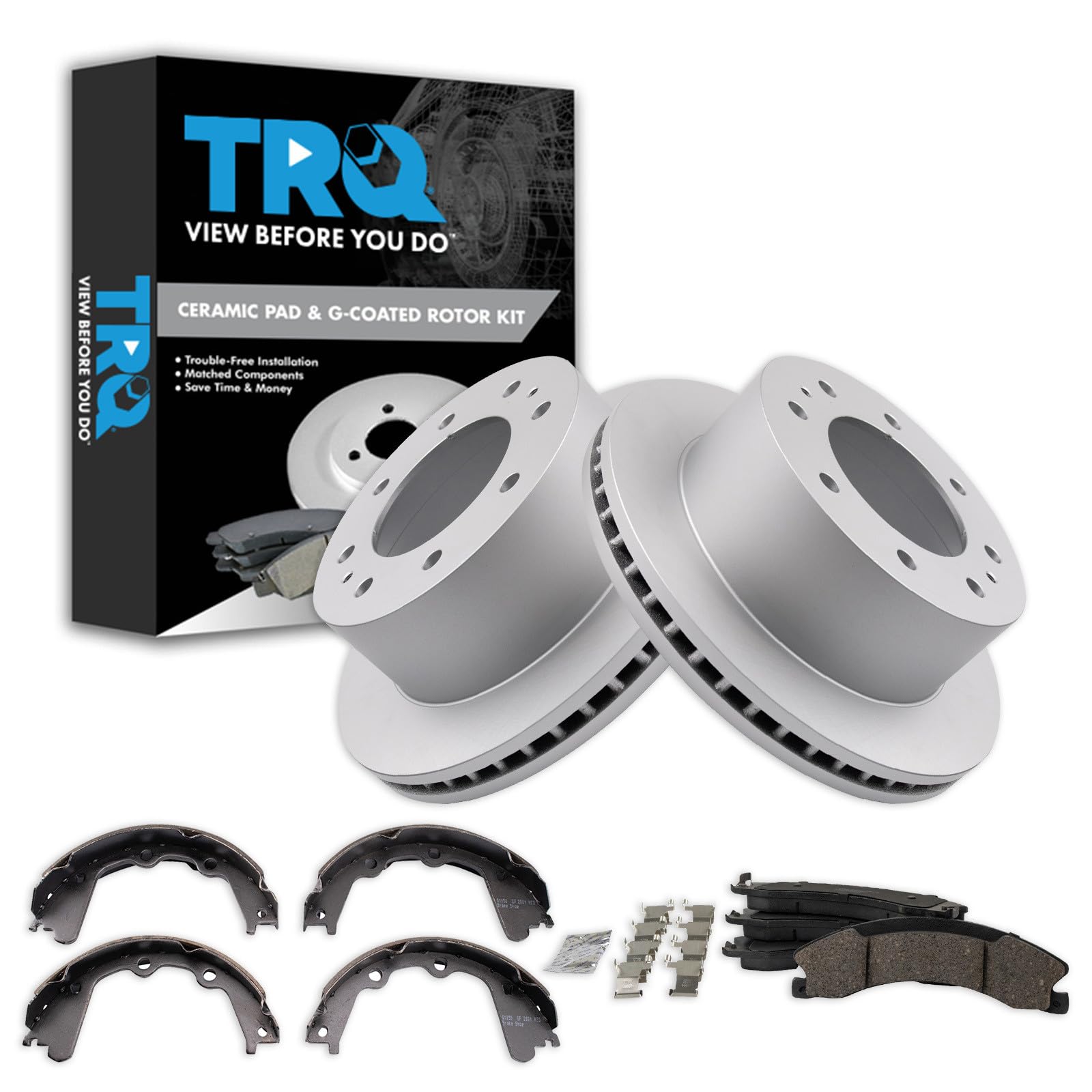 TRQ Rear Brake Pad &amp; Rotor Kit Ceramic Premium G-Coated Compatible with 2016-2019 Chevrolet Suburban 3500 HD