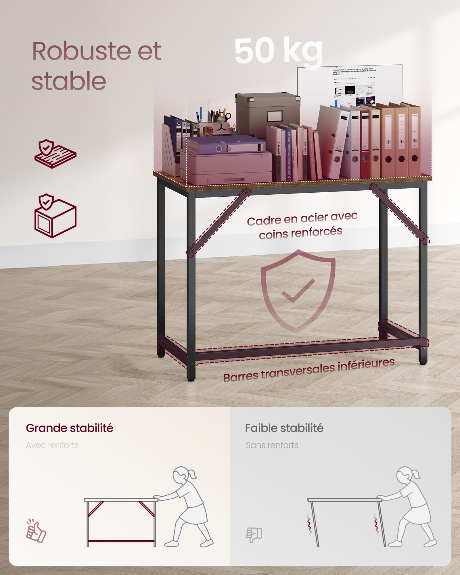 VASAGLE Bureau d'Ordinateur, Table, 50 x 100 x 76 cm, pour Bureau, Chambre, Salon, Cadre en Métal, Marron Rustique et Noir d'Encre LWD41XV1