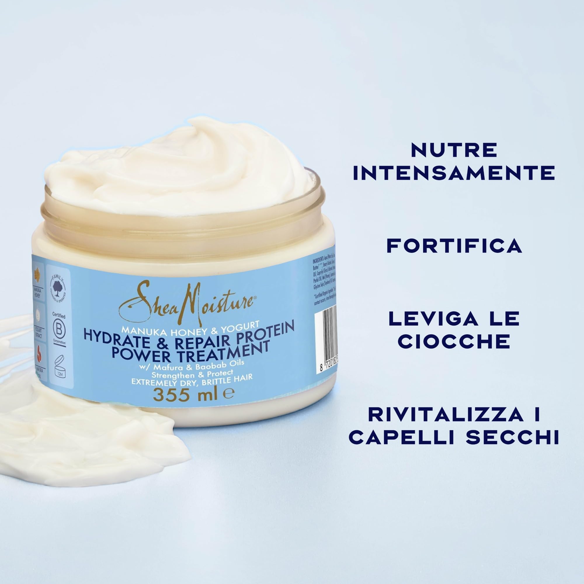 SheaMoisture Maschera Hydrate & Repair Protein Power, Per Capelli Ricci Secchi e Danneggiati, Capelli più Forti, Rottura Ridotta, Con Miele di Manuka, Yogurt, Proteine e Burro di Karité, 355ml