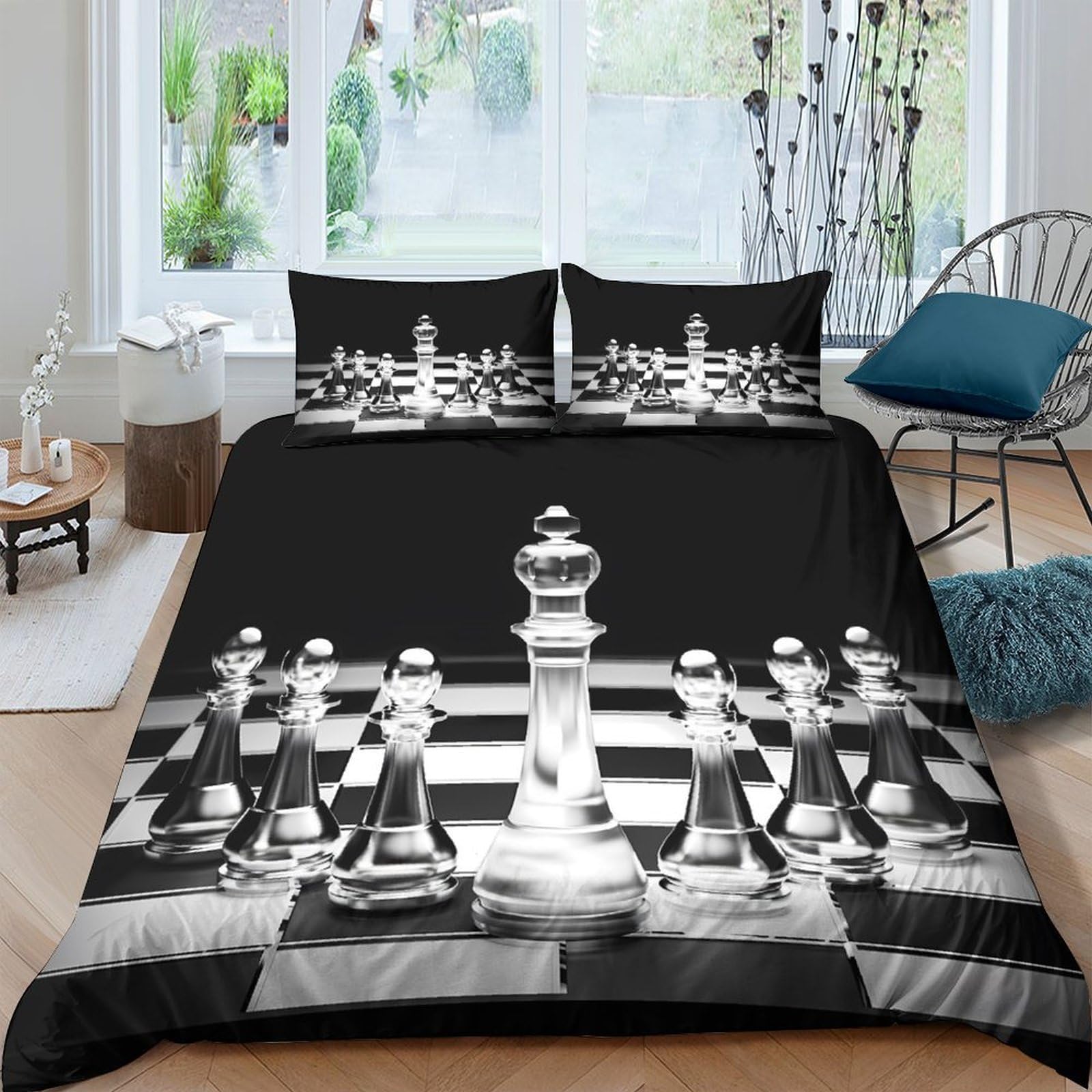 GPLZQXKJNH 3D Printed Chess Board Duvet Cover Microfiber Soft Breathable Chess Piece Bedding Set with 2 Pillowcases for Bedroom Decor 120x200cm Single（135x200cm）