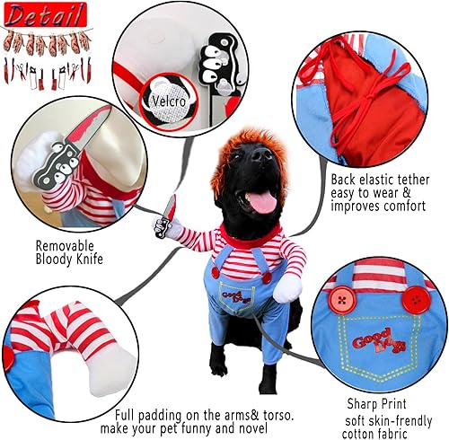 Miniatura 5 de Disfraz de perro de muñeca mortal para mascotas, divertidos disfraces de Halloween de Chucky, ropa de perro linda, disfraz de fiesta de cosplay para