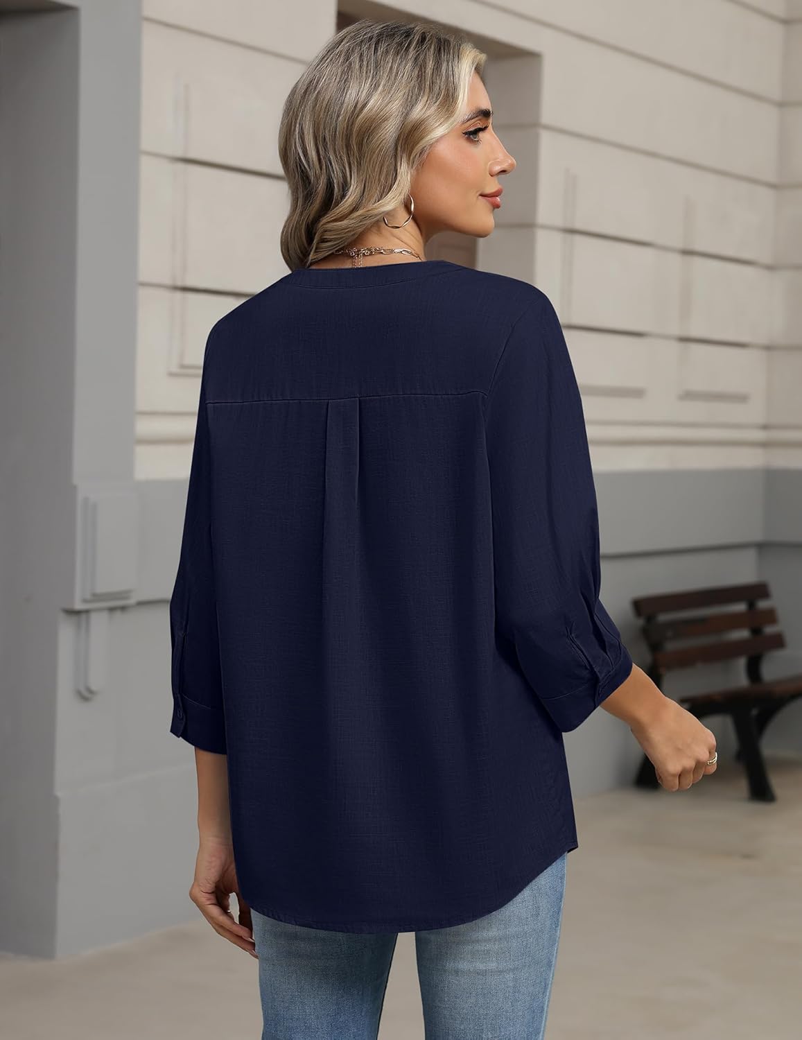 Zeagoo Button Down Shirts for Women 3/4 Sleeve Linen Cotton V Neck Tops Dressy Casual Loose Work Blouses - Image 4