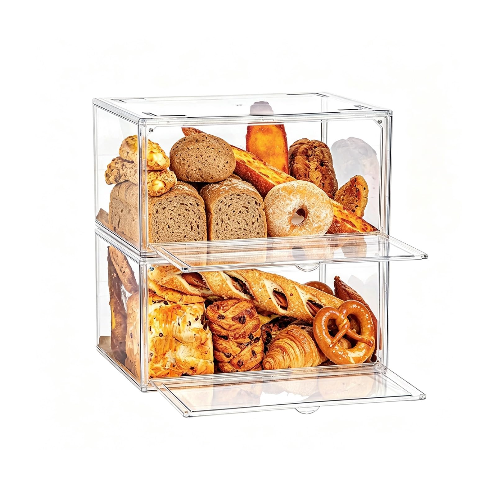 JOUFNING 2pcs Bread Box - Kitchen Countertop Bakery Rack, Large Capacity Transparent Bread Rack Storage Box, Stackable Double-Layer Pantry Cooling Storage Container