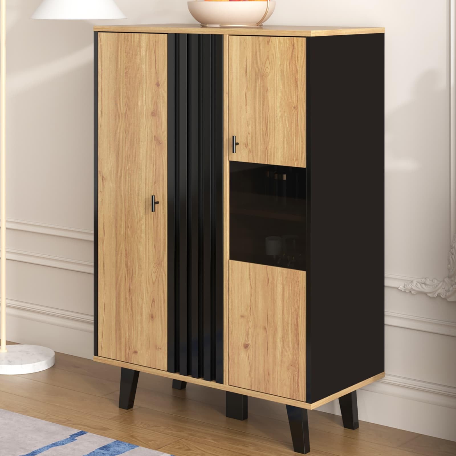 KOMHTOM Buffet noir et bois avec 4 grandes étagères, vitrine avec verre et lumières LED, armoire multifonction pour salon, chambre, couloir et salle à manger (A)