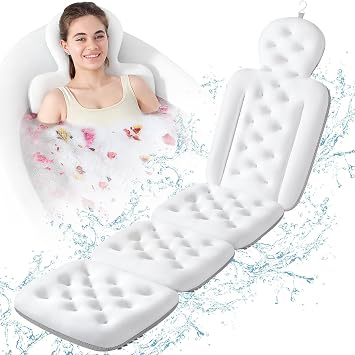 Luxury Bath Cushion, Full Body Bathtub Pillow with 160 Suction Cups, Bath Mat for Head and Neck Support, with Laundry Bag White, 60" x 16"