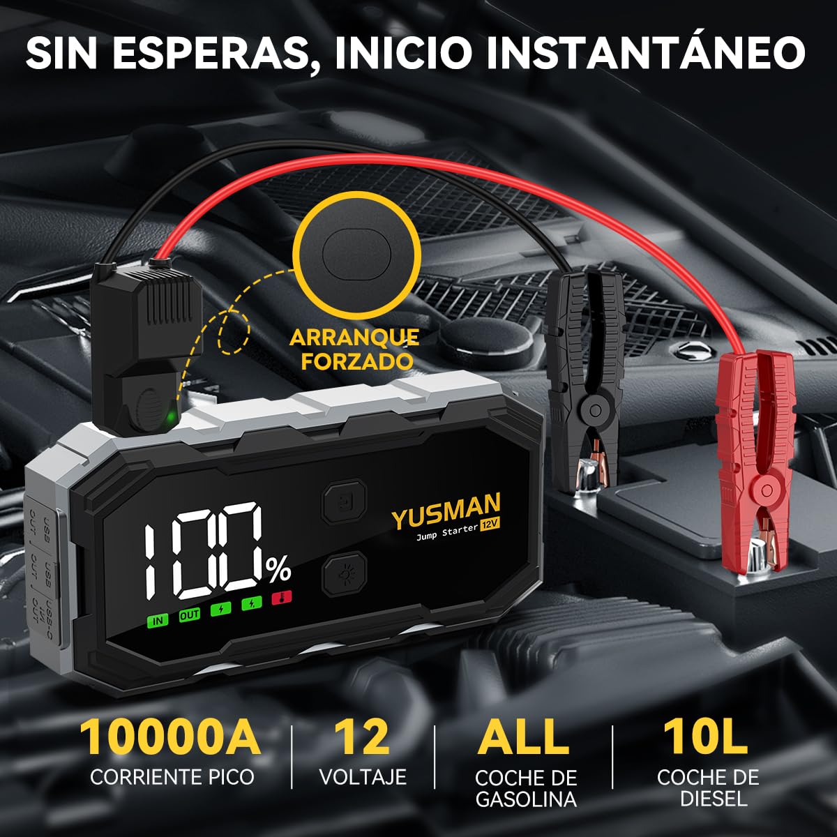 YUSMAN Arrancador de Coche, 10000A Arrancador de Baterias de Coche,12V Arrancador de Portátil con para All Gasolina o 10L Diesel, Linterna LED de Emergencia,Carga Rápida, Pantalla LCD Extragrande