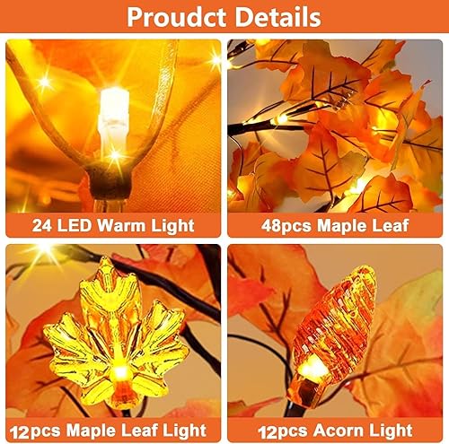 Miniatura 3 de Paquete de 2 decoraciones de árbol de arce de otoño preiluminadas de 24 pulgadas con 48 luces LED, temporizador de otoño, funciona con pilas,