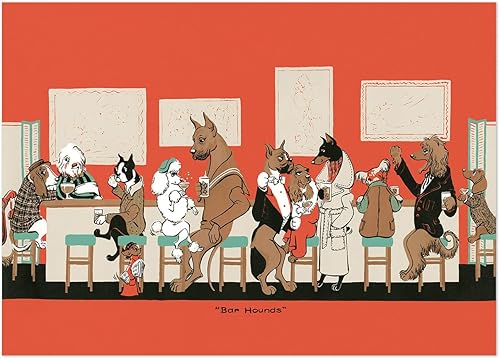 Impresión vintage de perros de bar  Arte clásico de bar de cócteles  Arte de pared de perro Art Deco Arte retro rojo para cocina, sala de recreo o