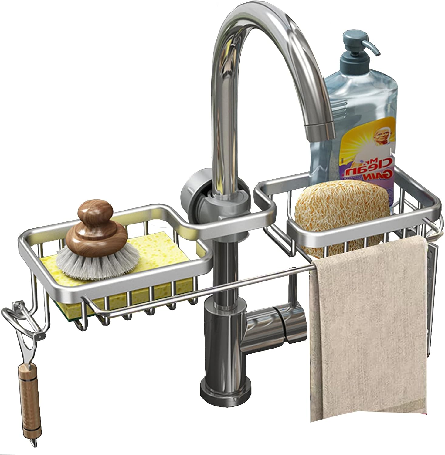 Sponge Holder for Kitchen Sink, Over The Sink Shelf Sponge Caddy, Stainless Detachable Faucet Drain Rack for Kitchen Sink Organizer and Storage, Bathroom (Double with Dishcloth Rack, Silver)