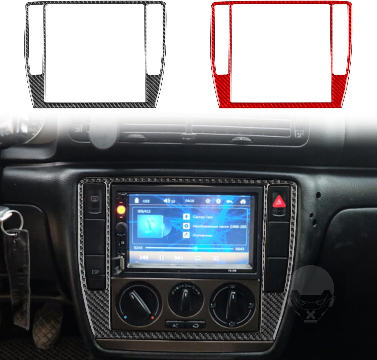 Real Premium Carbon Fiber Car Central Radio Air Conditioner Control Panel Emergency Light Button Frame Soft Sticker Compatible with Passat B5 2001-2005 Auto Interior Black Accessories 1pc