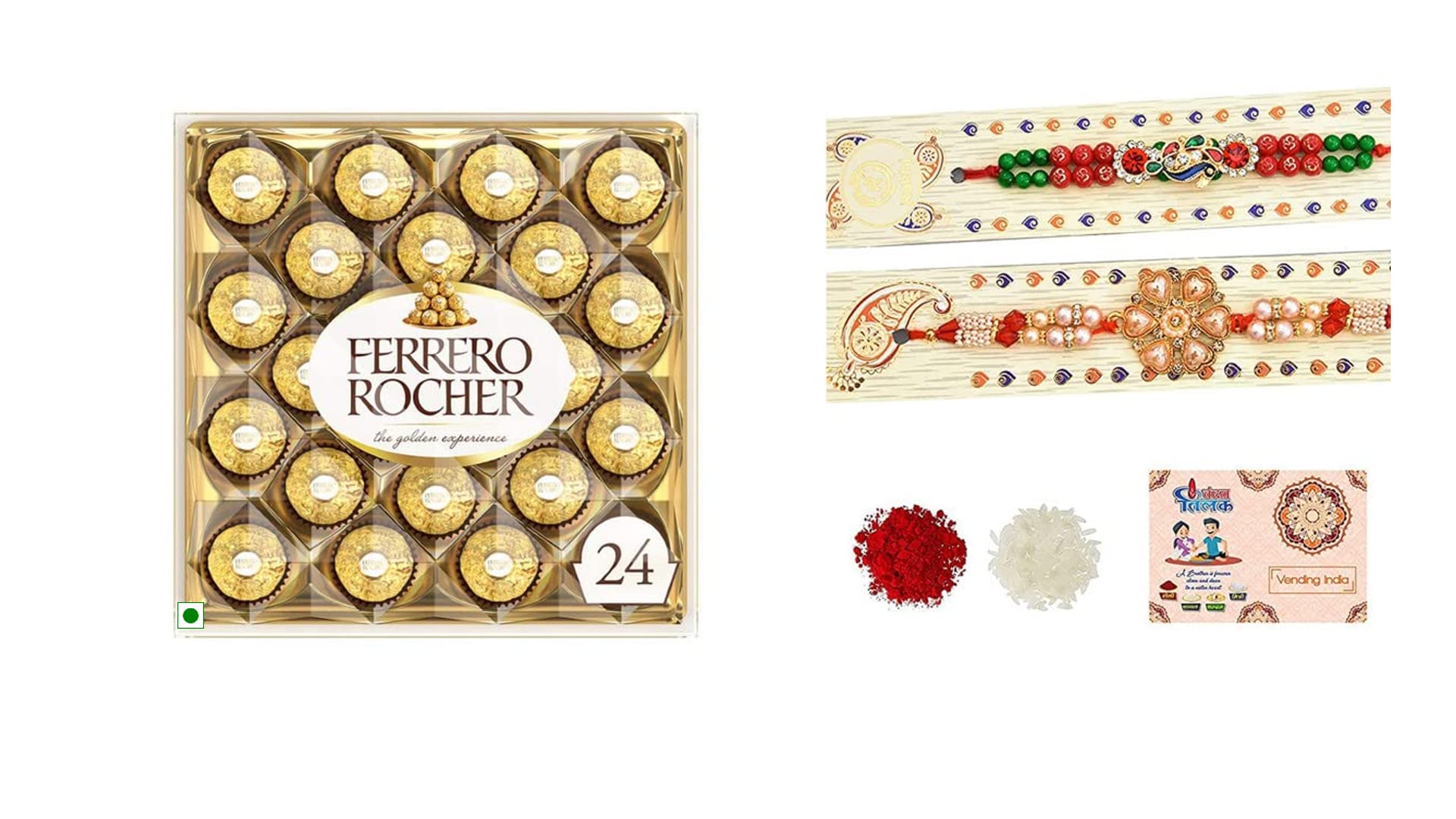 Vending India X Ferrero rocher T24- Rakhi Gift Combo with Roli, Chawal Chandan Mishri | VI-RAK-08 Peacock Rakhi for Brother [Pack of 2] (B0B5PFNQ38) Amazon Price History, Amazon Price Tracker