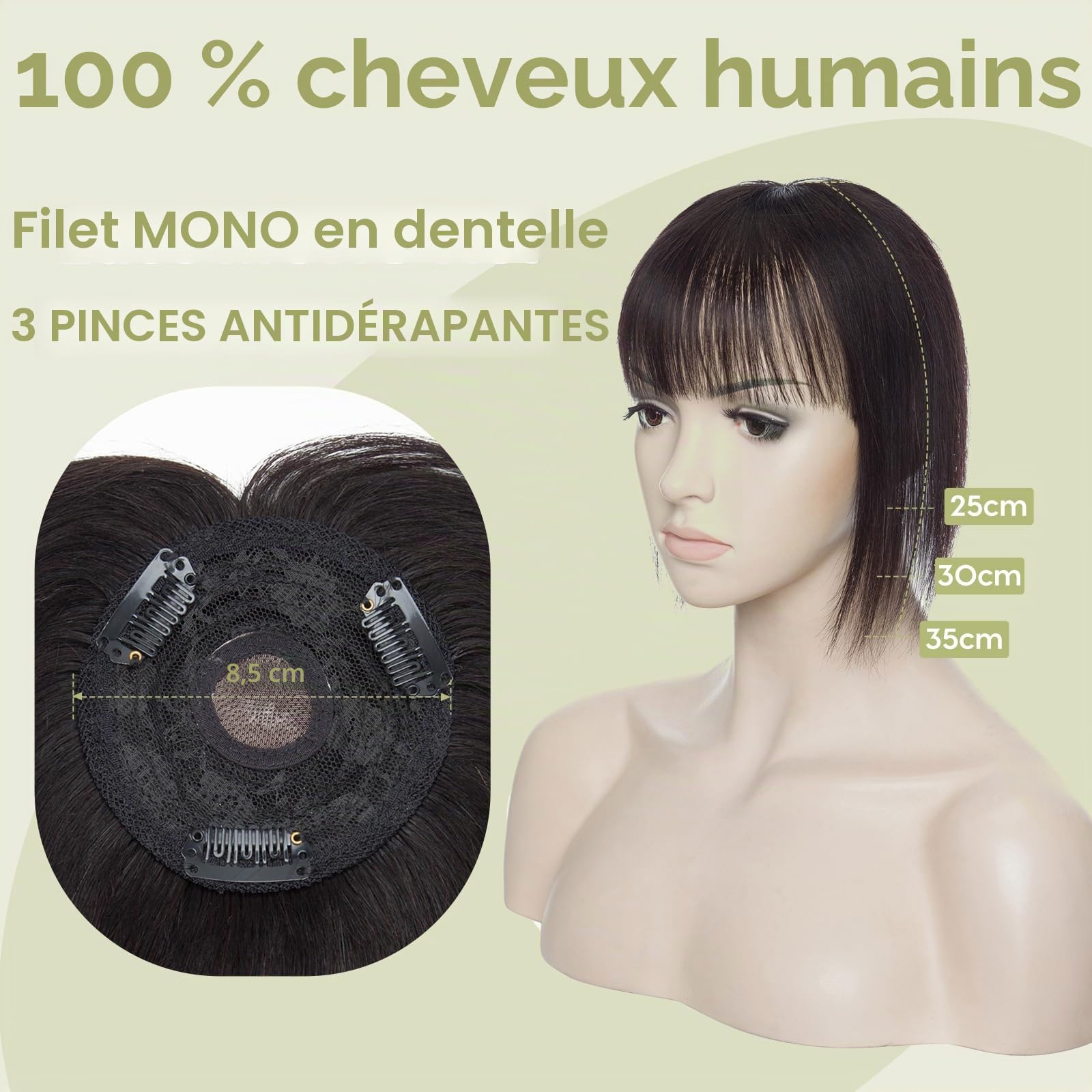S-noilite Extension de Frange à Clipser en Cheveux Naturels, 47g Vrais Cheveux Naturels, Frange à Clipser sur le Devant, Postiches en Cheveu Humains pour Femme, 50CM Noir Naturel #1B