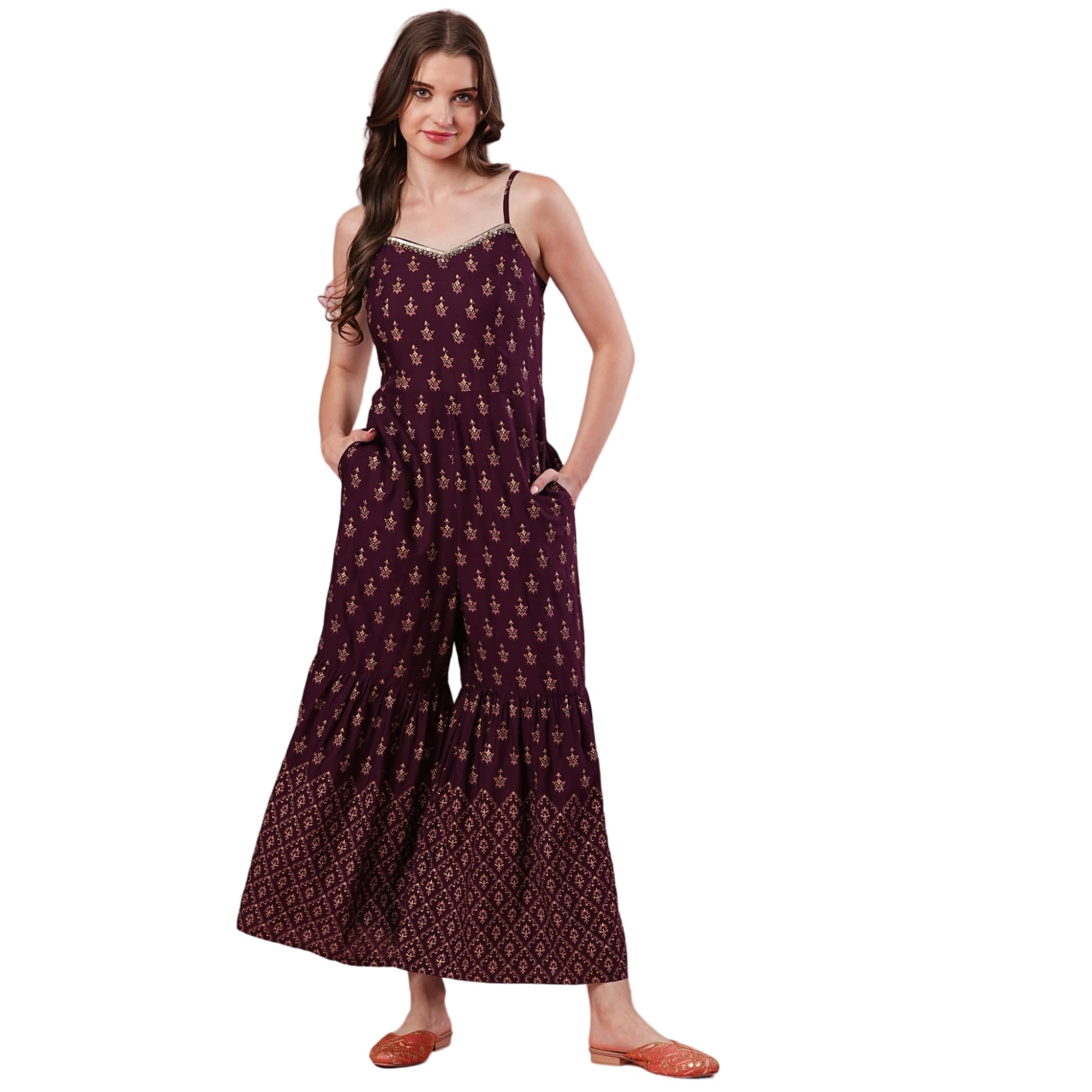 globus Women Wine Strappy With V Embroidered Allover Printed Flared Leg Jumpsuit-picture-22